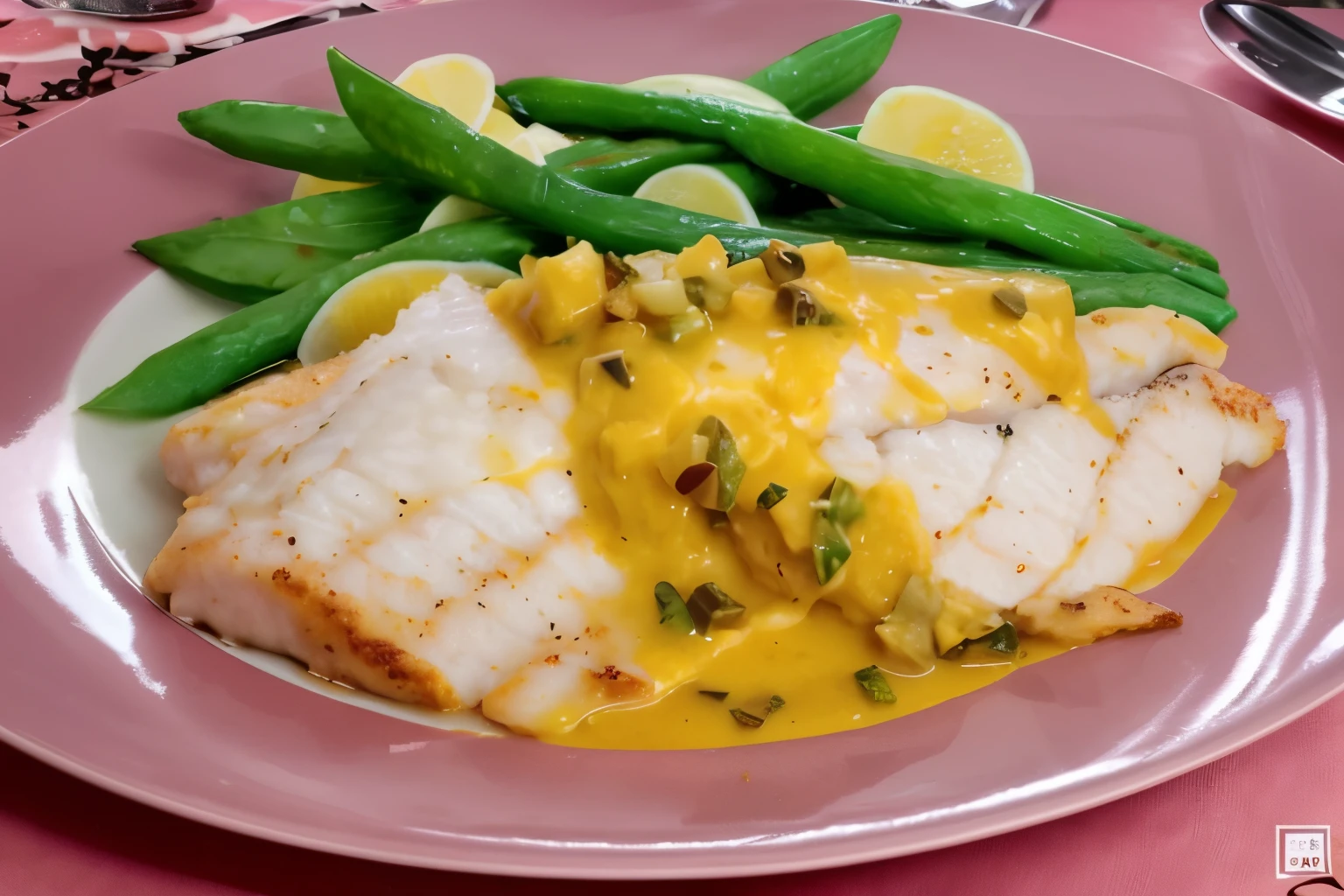 there is a plate of food with tilapia fillet in passion fruit sauce