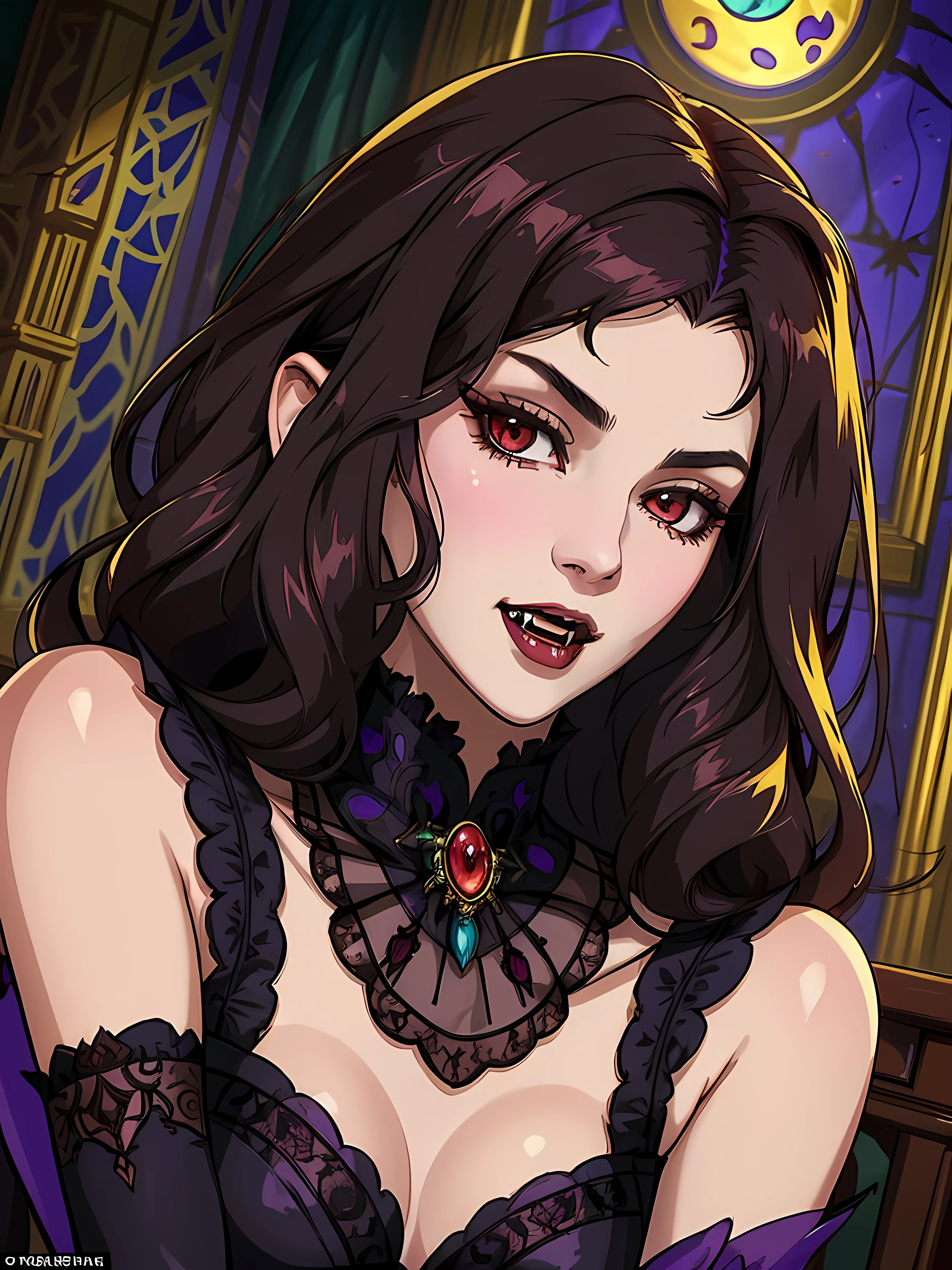 fangs, (mid shot:1.3), (solo:1.3), (((((looking at the viewer))))), in a grand castle room adorned with opulent Victorian-era furnishings a (vampire lady) of timeless elegance, she contemplates the intricacies of her immortal existence, her keen intellect matched only by her insatiable thirst for knowledge, as moonlight spills through stained glass windows casting ethereal patterns upon the chamber walls, she prepares to embark on a clandestine mission that will forever alter the destinies of mortals and immortals alike