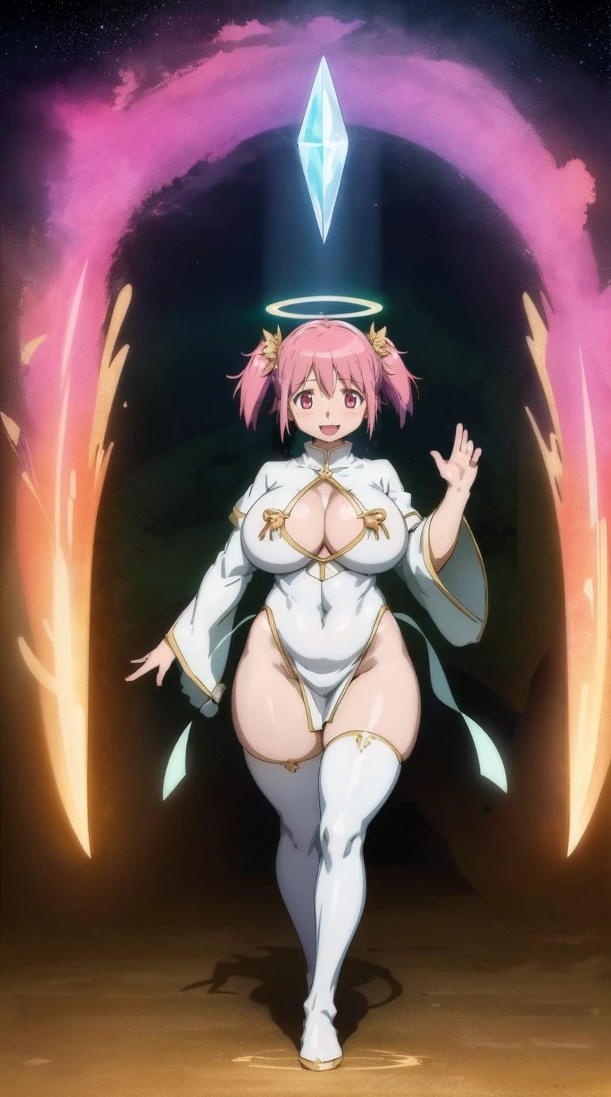 e,, holy magicalgirl, open mouth fang, holy haura, halo, smile, joyfull, paladin, sword holding, full body , boots, standing,cute,breast, curvy, female,fantasy goddess,there is a cartoon picture of a woman with a very large breast, glowing angelic being, glowing holy aura, inspired by Luma Rouge, the non-binary deity of spring, ethereal rainbow nimbus, the butterfly goddess of fire, inspired by Marie Angel, glowing aura around her, astral fairy, as the goddess of the sun, “uwu the prismatic person, big breast, happy, beautiful eyes, , full body, walking, long robe, long dress, ,priestess ,holy, smile, god rays, ray tracing, sparkle, cinematic lighting, UHD, retina, masterpiece, ccurate, anatomically correct, textured skin, super detail, high details, high quality, award winning, best quality, highres, 1080P, HD, 4K, thunder aura, light aura,full body suit, long robe, tunic