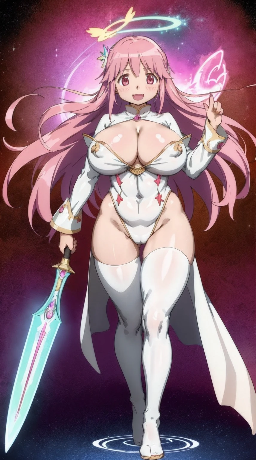 e,, holy magicalgirl, open mouth fang, holy haura, halo, smile, joyfull, paladin, sword holding, full body , boots, standing,cute,breast, curvy, female,fantasy goddess,there is a cartoon picture of a woman with a very large breast, glowing angelic being, glowing holy aura, inspired by Luma Rouge, the non-binary deity of spring, ethereal rainbow nimbus, the butterfly goddess of fire, inspired by Marie Angel, glowing aura around her, astral fairy, as the goddess of the sun, “uwu the prismatic person, big breast, happy, beautiful eyes, , full body, walking, long robe, long dress, ,priestess ,holy, smile, god rays, ray tracing, sparkle, cinematic lighting, UHD, retina, masterpiece, ccurate, anatomically correct, textured skin, super detail, high details, high quality, award winning, best quality, highres, 1080P, HD, 4K, thunder aura, light aura,full body suit, long robe, tunic