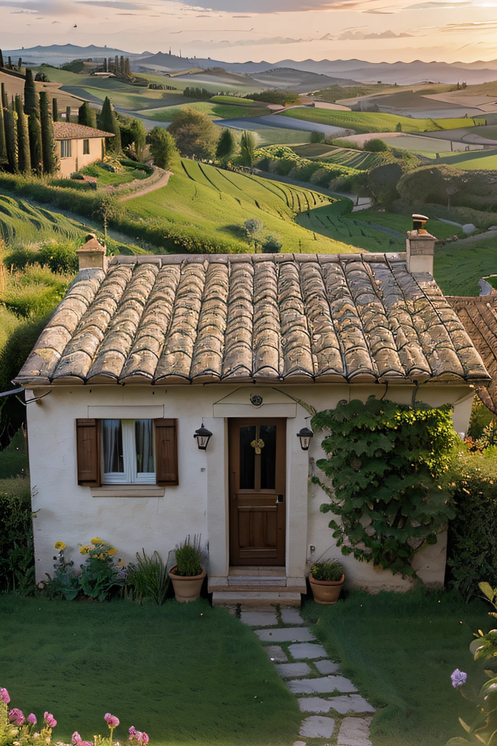 a small cottage with windows and doors with small garden overlooking the vast grass lands in the village of tuscany in the sunrise time