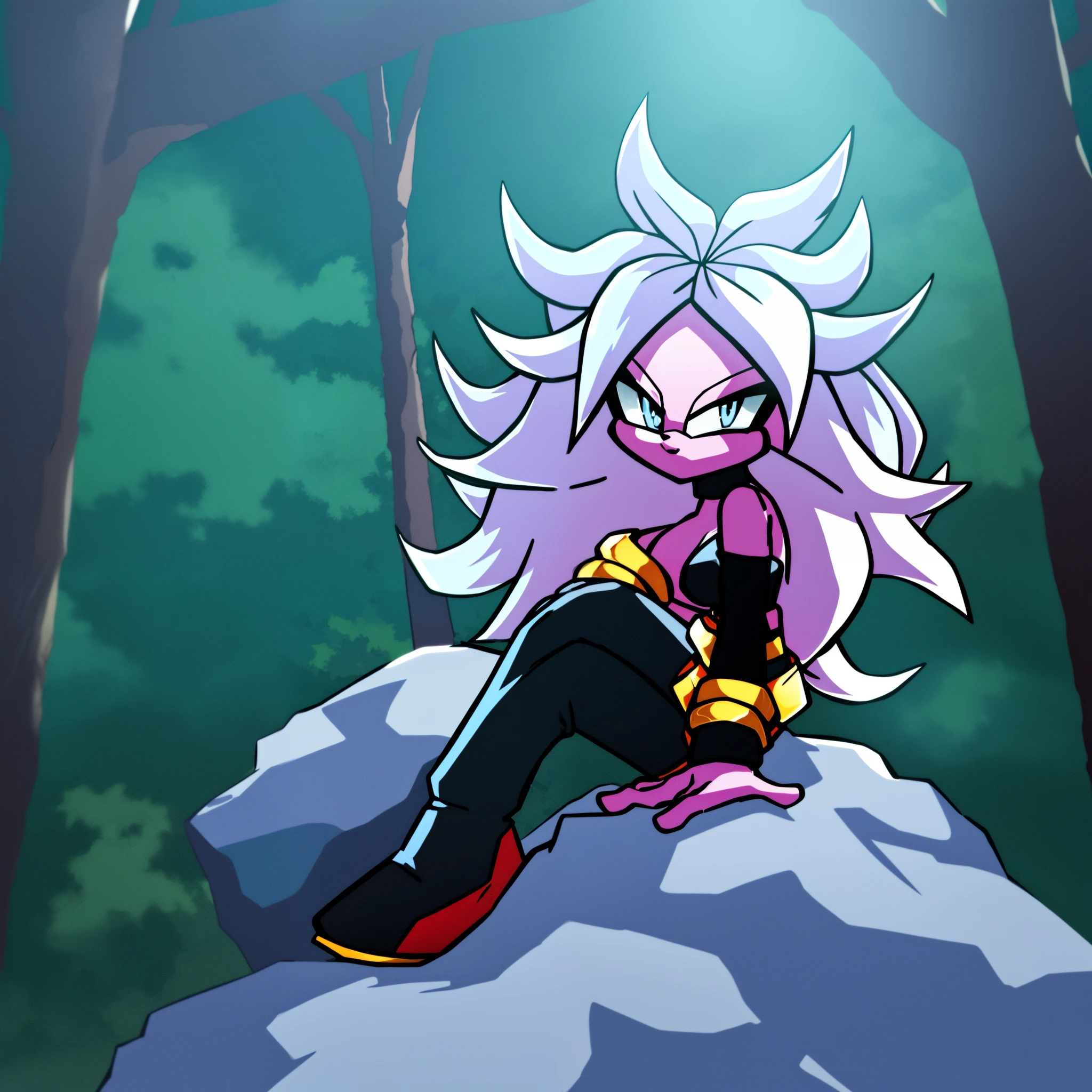 ((1girl)), ((solo)), female, mobian, Hedgehog, pink fur, furry, sitting crossed leg, sitting on a large rock, (Her attire is a black cropped low cut tube top, black arm sleeves with gold bracelets at the ends, black heeled boots, and white baggy pants)), (Majin Android 21 Cosplay), ((long white hair)), ((long hair)), ((Android 21 styled hair)), light blue eyes, hair bangs, looking at viewer, (background forest, river, best lighting), (best quality)