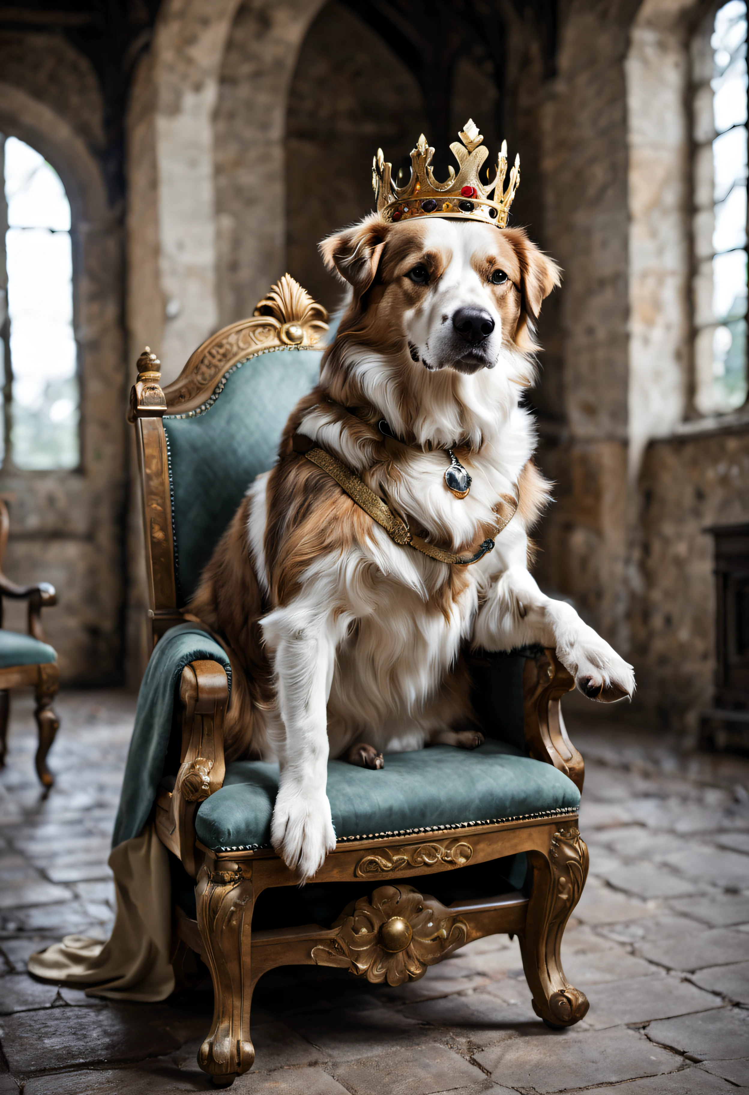 Berger australien, déguisé in roi, avec une couronne, on her throne, dans un chateau