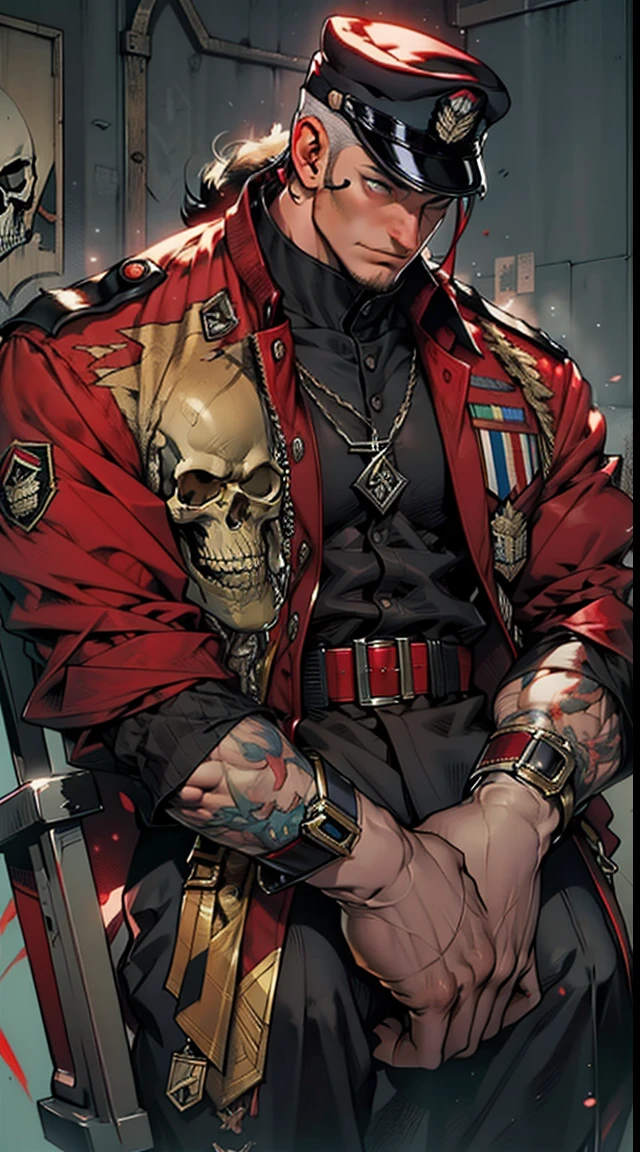 street fighter bison movie stills,(White-eyed) (Red military uniform)、(Red Military Cap)、big muscle、Very large muscles、The background is simple black with a skull emblem..、(6 feet tall)、sit in a big seat, Luxurious chair、show the grinps