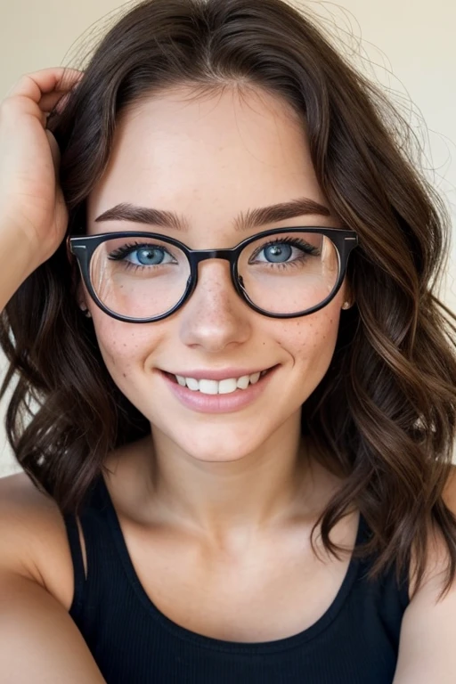 A beautiful 23 years old woman, with short wavy brown hair, wearing glasses and a black croptop, blue eyes, freckles, happy facial expression.