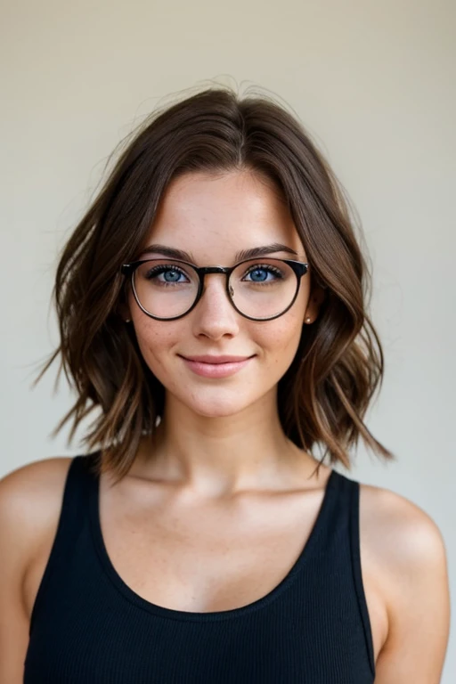 A beautiful 23 years old woman, with short wavy brown hair, wearing glasses and a black croptop, blue eyes, freckles, happy facial expression.