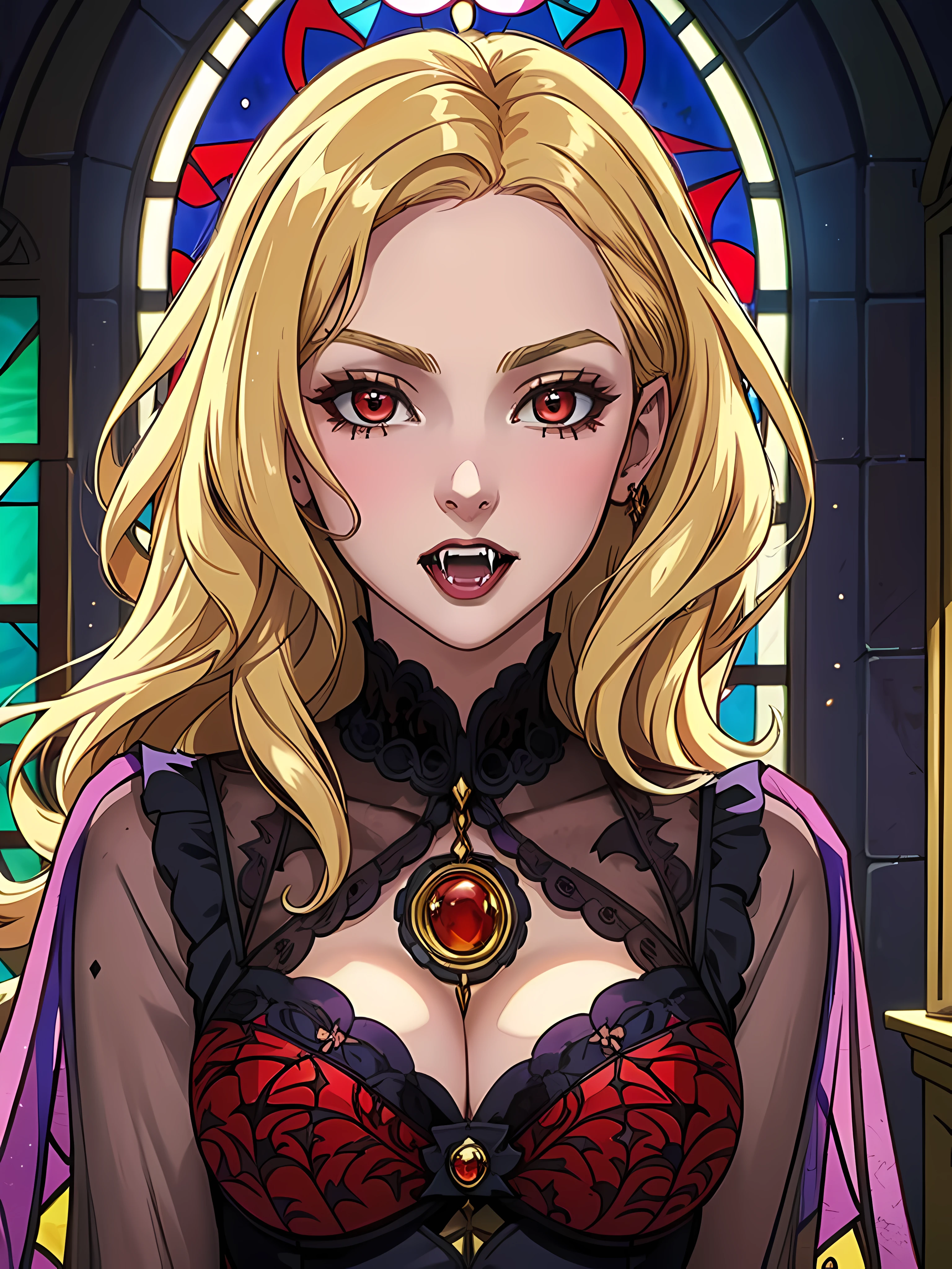 fangs, (mid shot:1.3), (solo:1.3), (((((looking at the viewer))))), in a grand castle room adorned with opulent Victorian-era furnishings a (vampire lady) of timeless elegance, she contemplates the intricacies of her immortal existence, her keen intellect matched only by her insatiable thirst for knowledge, as moonlight spills through stained glass windows casting ethereal patterns upon the chamber walls, she prepares to embark on a clandestine mission that will forever alter the destinies of mortals and immortals alike, blonde