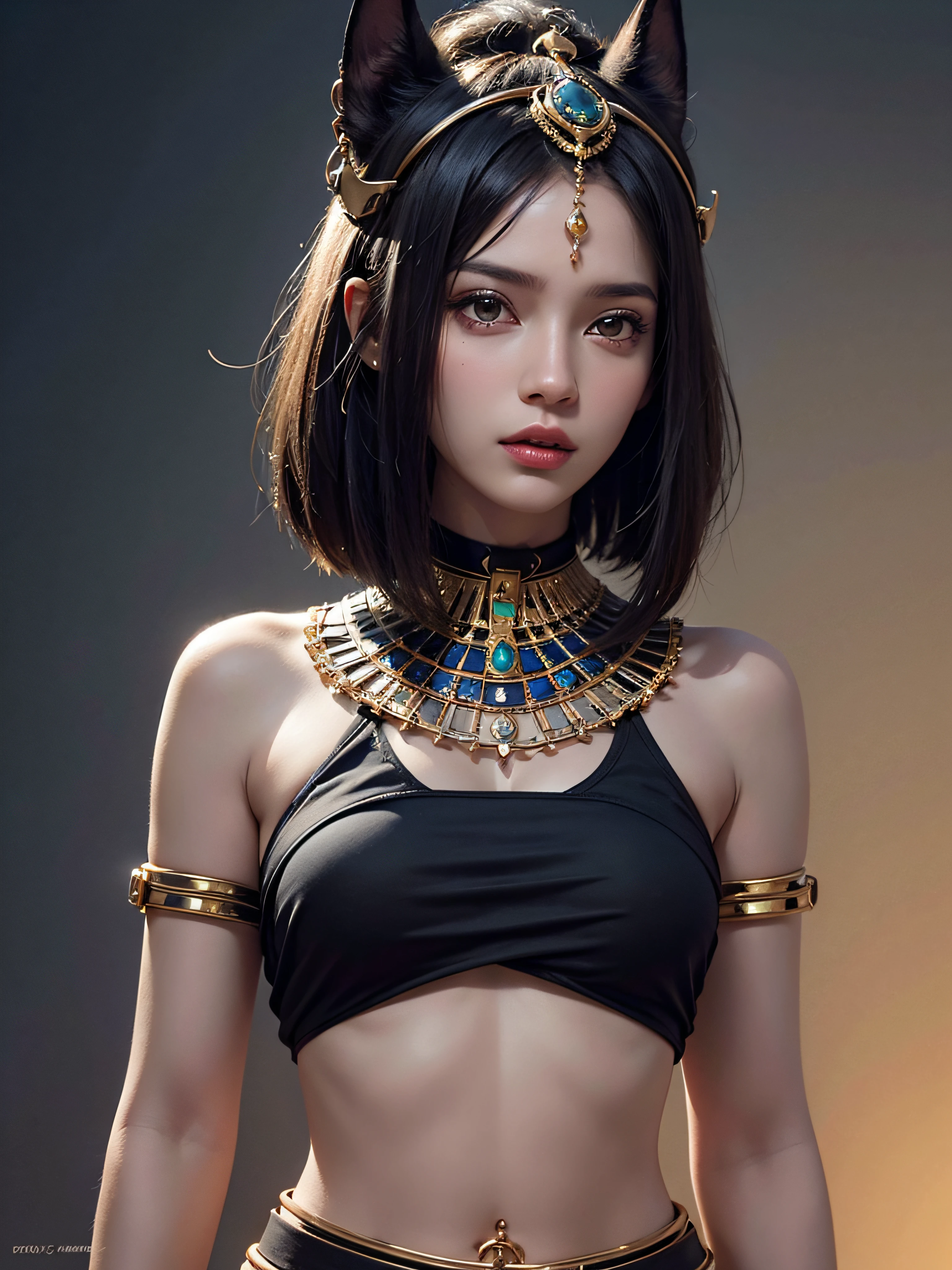 girl with short bob cut hair, realistic, photorealistic , photorealistic girl render, photorealistic, high resolution, soft light,1women, solo, wide hips, ebony skin, (detailed face), A woman wearing an idol of the god Anubis on her head, jewelry, tattoo, Egypt style, egypt background,