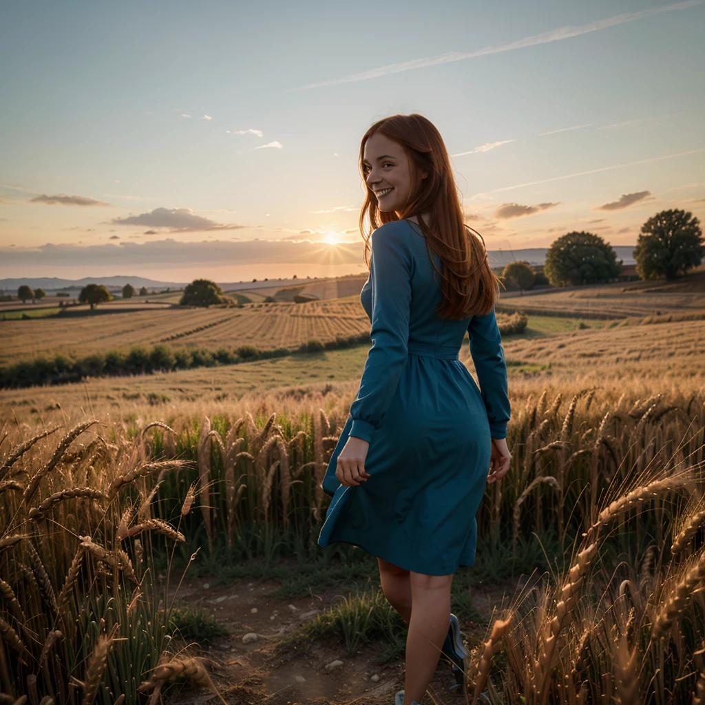1 girl, bara, Long orange hair, running, (High wheat fields), Turn around., Emerald eyes, Long blue dress, middle ages, Medieval dress, long sleeve sunset, Backlight, Shadow on image, smile, laughter, (blue sky), against the background of wheat,, Stand in the distance., looking at the audience, Full Length