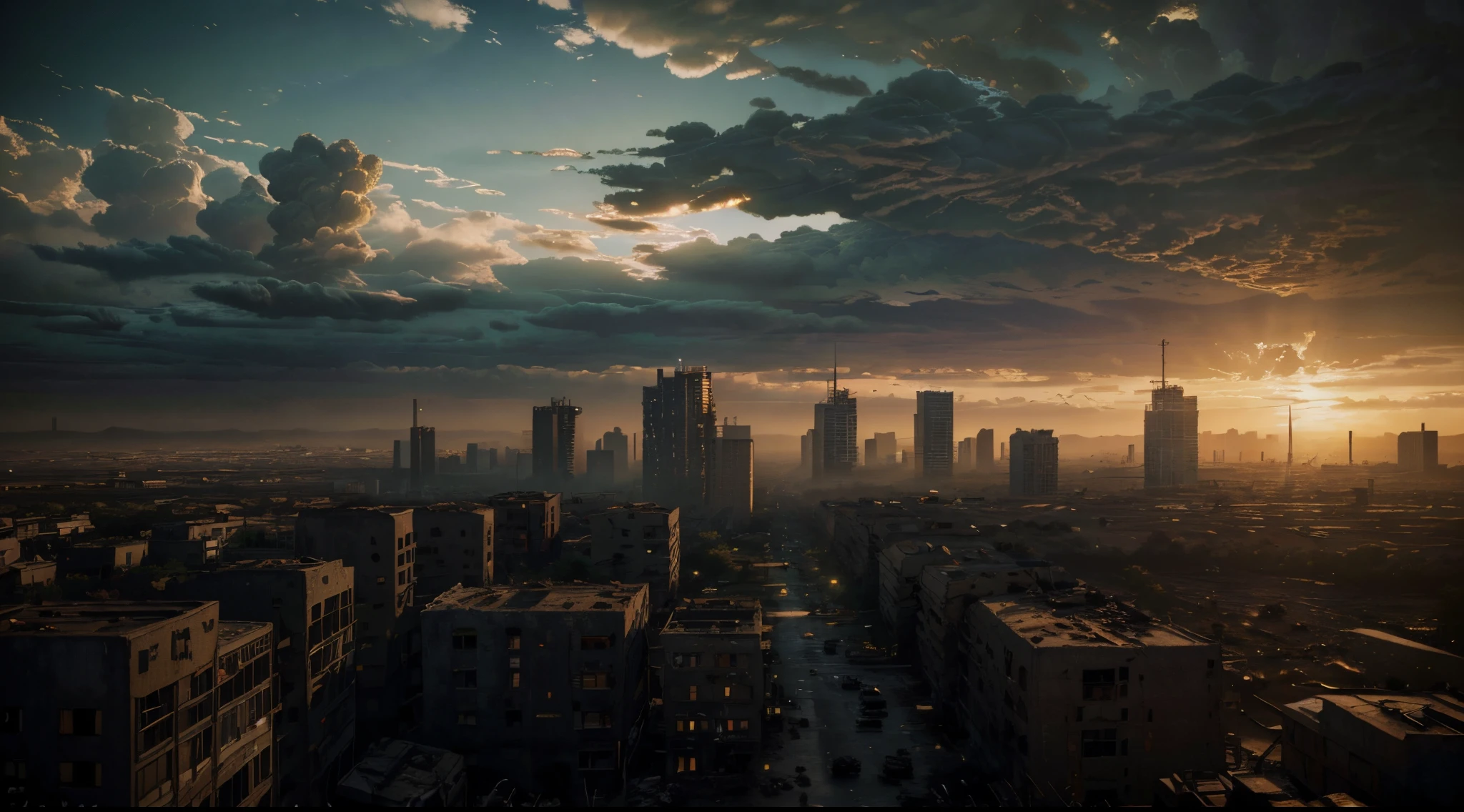 Post-apocalypse image, City Ruins, The Last of Us style, ((Best Quality)), ((Masterpiece)), Detailed soft oil painting, Detailed background, dramatic cinematic lighting, Soft illumination of the edges, Professional, dramatic lighting, hard edge lighting, ultra quality, 4k,(mastery, Best Quality, 8K, ultra highres, hight resolution:1.4), Extremely detailed
