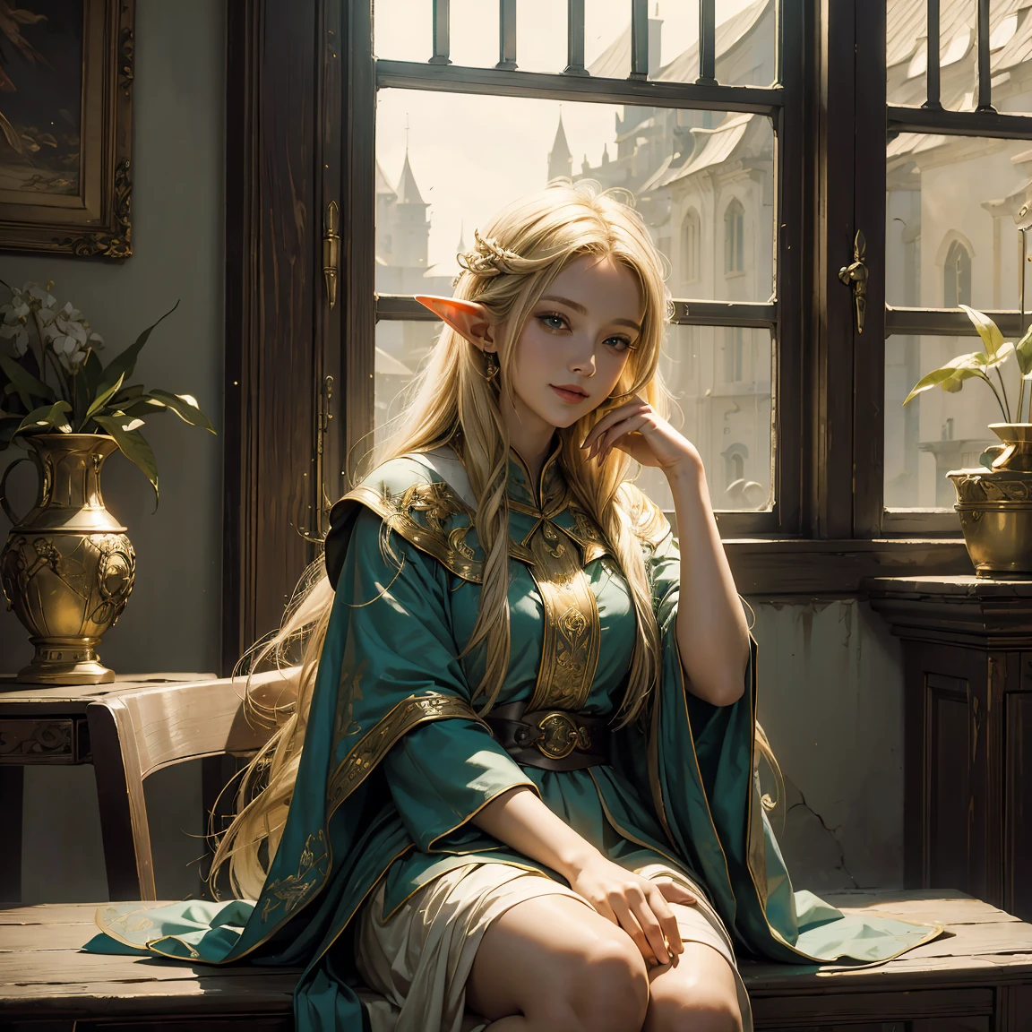 (((Masterpiece, highest quality, high definition, high detail)))), (((Fantasy))), ((Walled City)), ((Inside the inn)), (Sitting in a chair and looking out the window))), ((People passing through the city)), One, Elf woman, Short skirt of white embroidered with gold, Blonde long straight hair, Dark green eyes, Green surcoat embroidered with gold, Smile, Big, (Breeze) , There are a lot of light particles floating in the room