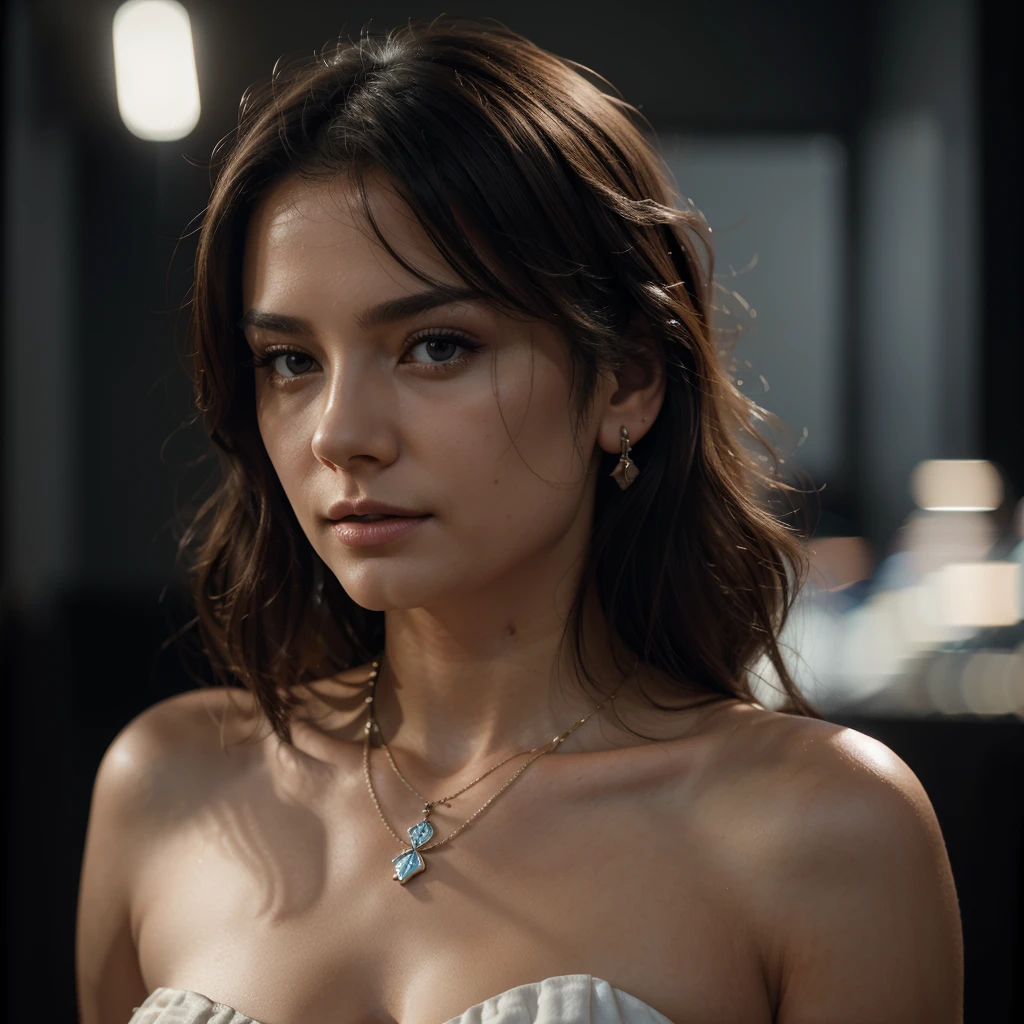 bestquality, masterpiece, high-res, 1girls, Porcelain series, Hair ornaments, necklace, jewelry, Exquisite Face, On the body, Tyndall effect, Realistic, dark studio, edge lighting, Two-tone lighting, (high detail skin: 1.2), 10 UHD, DSLR, Soft light, High Quality, volumetric light, candid, Photograph, high-res, 10, 10, Background blur,