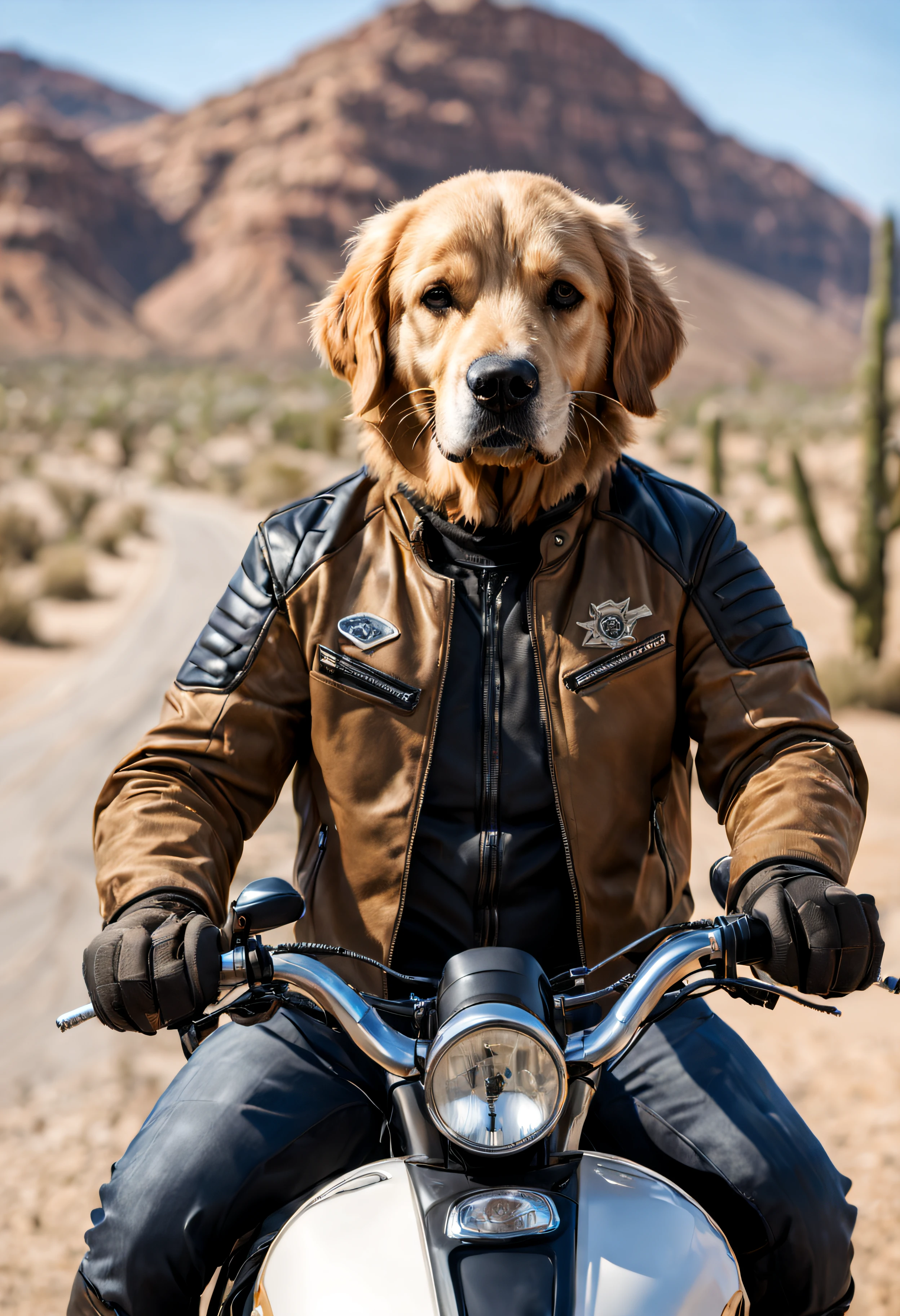 golden retreiver, sur une moto, avec une veste de motard et un casque de motard, in a desert America