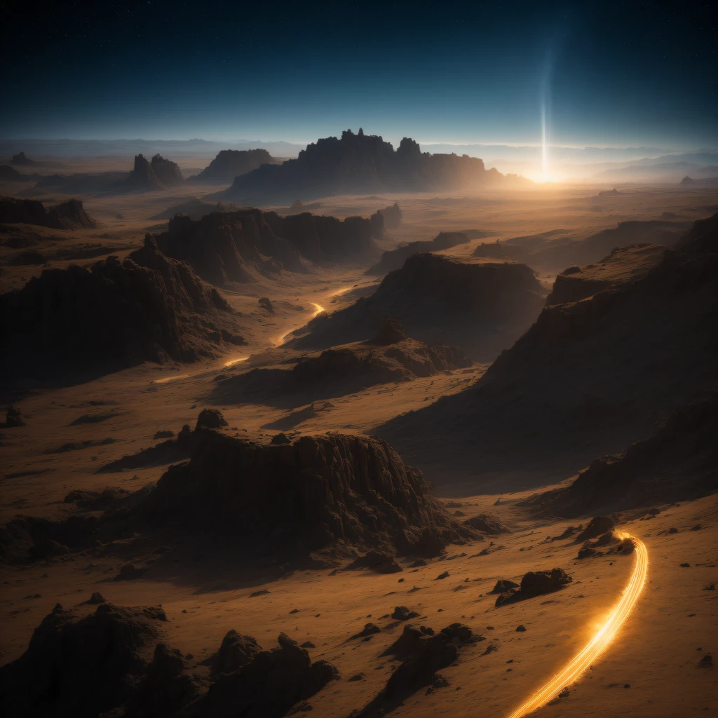 The Great Rift Valley region of the Martian Mo River alluvial plain，Rock Sugar Onyx nuclear-powered command gunboat Black Gold Cruiser Tower Snow Red Marble Glow Space Station 1:3 Models，starrysky，Cyberpunk art of a，Rembrandt light，Detail portrayal，macro shot，surface reflection，high definition detail，Dingdall effect，Light and shadow intensification，The light shines，particle fx，3D modeling，Surface reflected light，detail-rich，The texture is delicate，Strong visual impact，Hyper-detailing，A high resolution，high saturated，Ray traching，Light and shadow effects，16K smooth，A high resolution