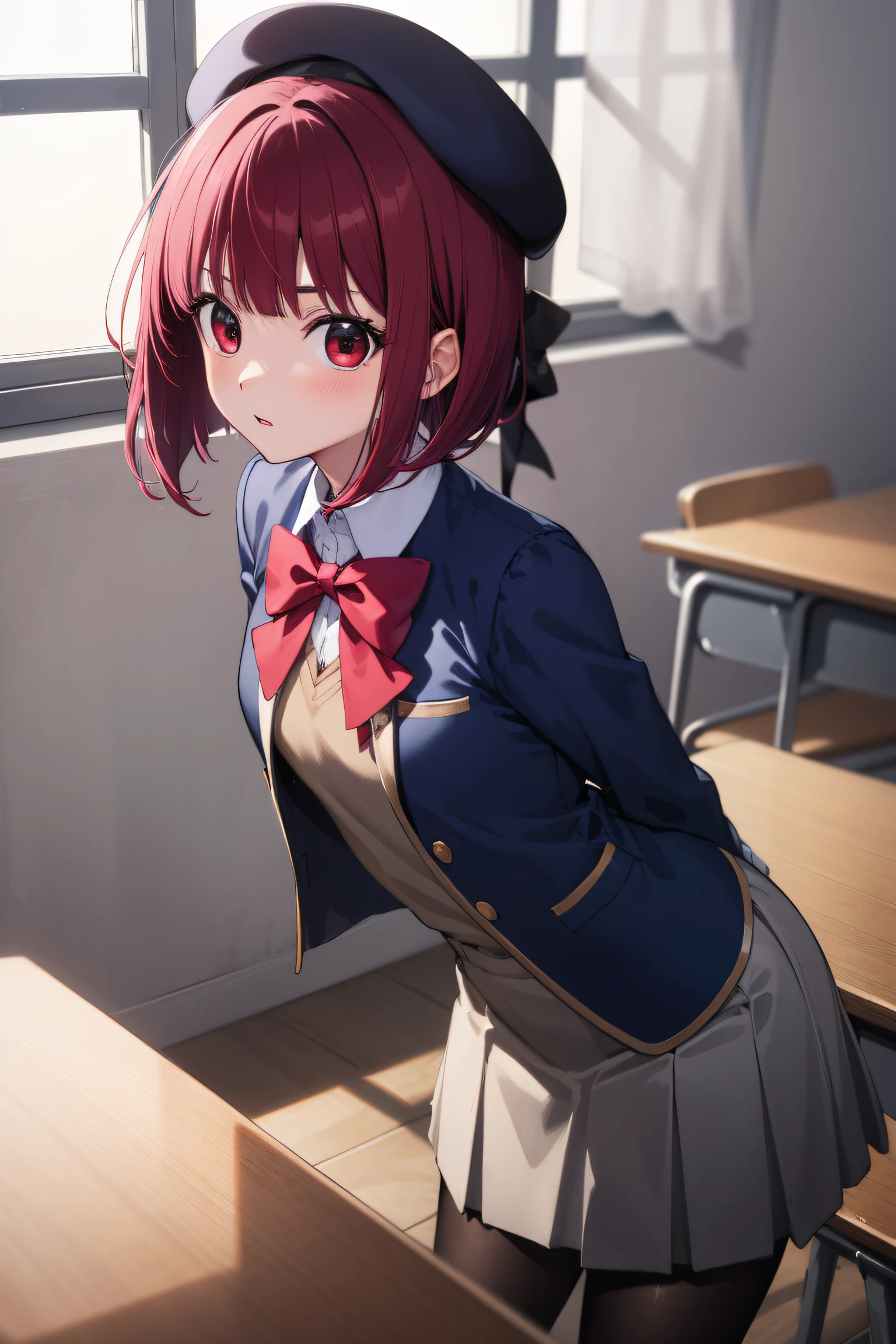 kanaarima, kana arima, bob cut, (red eyes:1.5), red hair, short hair,
BREAK beret, blue headwear, blue jacket, blue vest, hat, jacket, pantyhose, ribbon, school uniform, skirt, vest, youtou high school uniform,
BREAK looking at viewer,standing, leaning forward, arms behind back,
BREAK indoors, classroom,
BREAK (masterpiece:1.2), best quality, high resolution, unity 8k wallpaper, (illustration:0.8), (beautiful detailed eyes:1.6), extremely detailed face, perfect lighting, extremely detailed CG, (perfect hands, perfect anatomy),