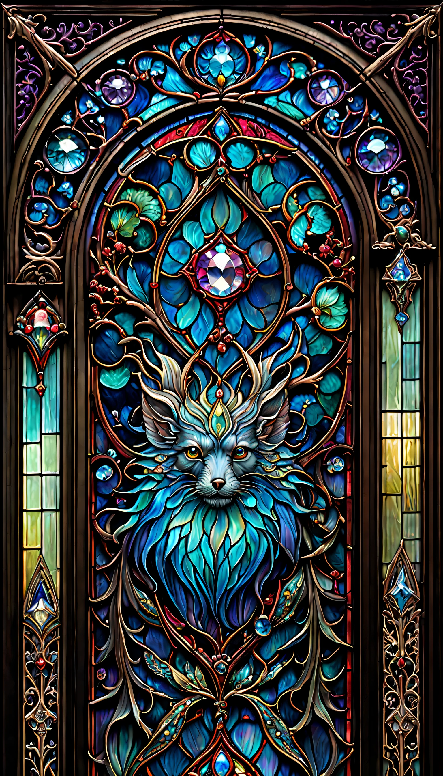 Gothic stained glass art style, Japanese mystic creatures, triadic colors, baroque, Craola, highly detailed stained glass, crystals, labradorite iridescent crystals, Andy Kehoe, John Blanche, complex highly detailed background, fantasy, filigree, filigree detailed, intricated
