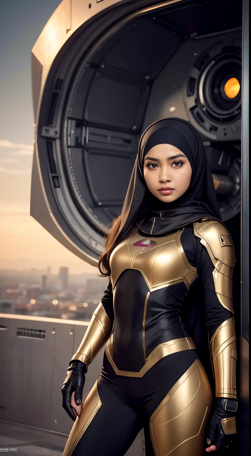 RAW, Best quality, high resolution, Masterpiece: 1.3), Beautiful Malay woman in hijab,Masterpiece, best quality,8k, brown eyes, perfect eyes,Imagine the Malay girl in hijab in a futuristic command center, strategically coordinating her mecha suit's actions to respond to a crisis, showcasing her leadership and intelligence