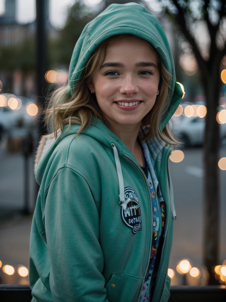 Hal 3y,wearing a hoody,Smiling,(City lights:1.2),The is very detailed,Cinematic,(filmgrain:1.2),Leica,Profesional photogarpher,(bokeh:1.3),(the night:1.2), (dimly lit:1.3) ,rim-light,(mid - length hair),The blonde, A half body,European and American women
