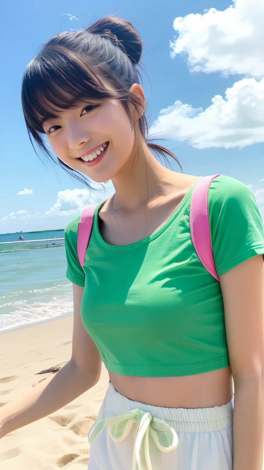 22year old、kawaii、well-styled、sand beach、Green Hot Pants、White T-shirt、a smile、Walking