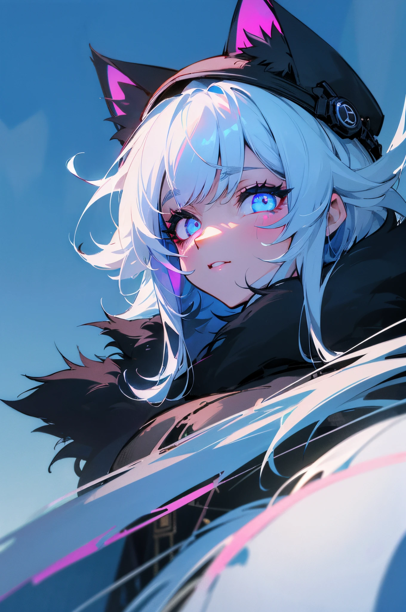 (hight resolution,Masterpiece:1.2),Vivid colors,beautiful detail eyes,beautiful detailed lips,long eyelashes,black coat,fluffy fur,cute expression,Feline Grace,Let's move on to the camera,on a blue background, Neon, night time, ciberpunk, white hair, glowing eyes