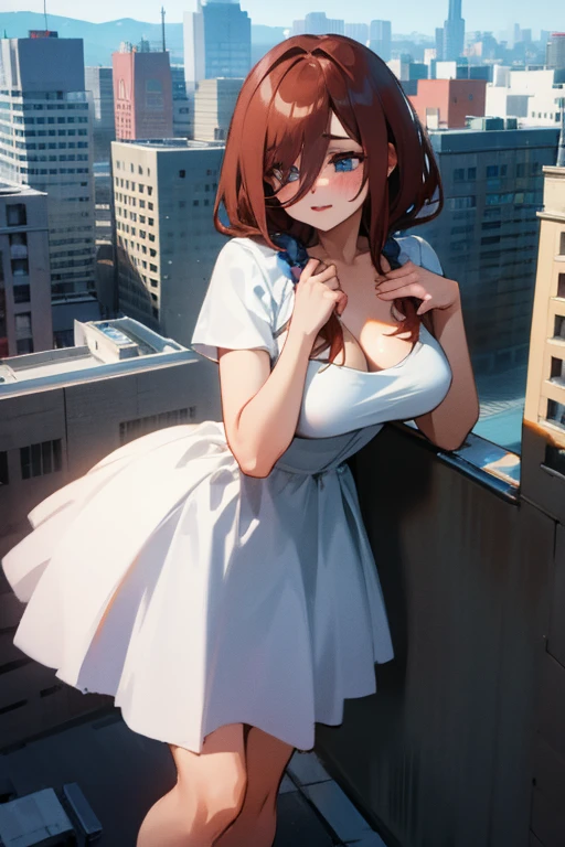 huge breast, giantess, white dress, city in the background