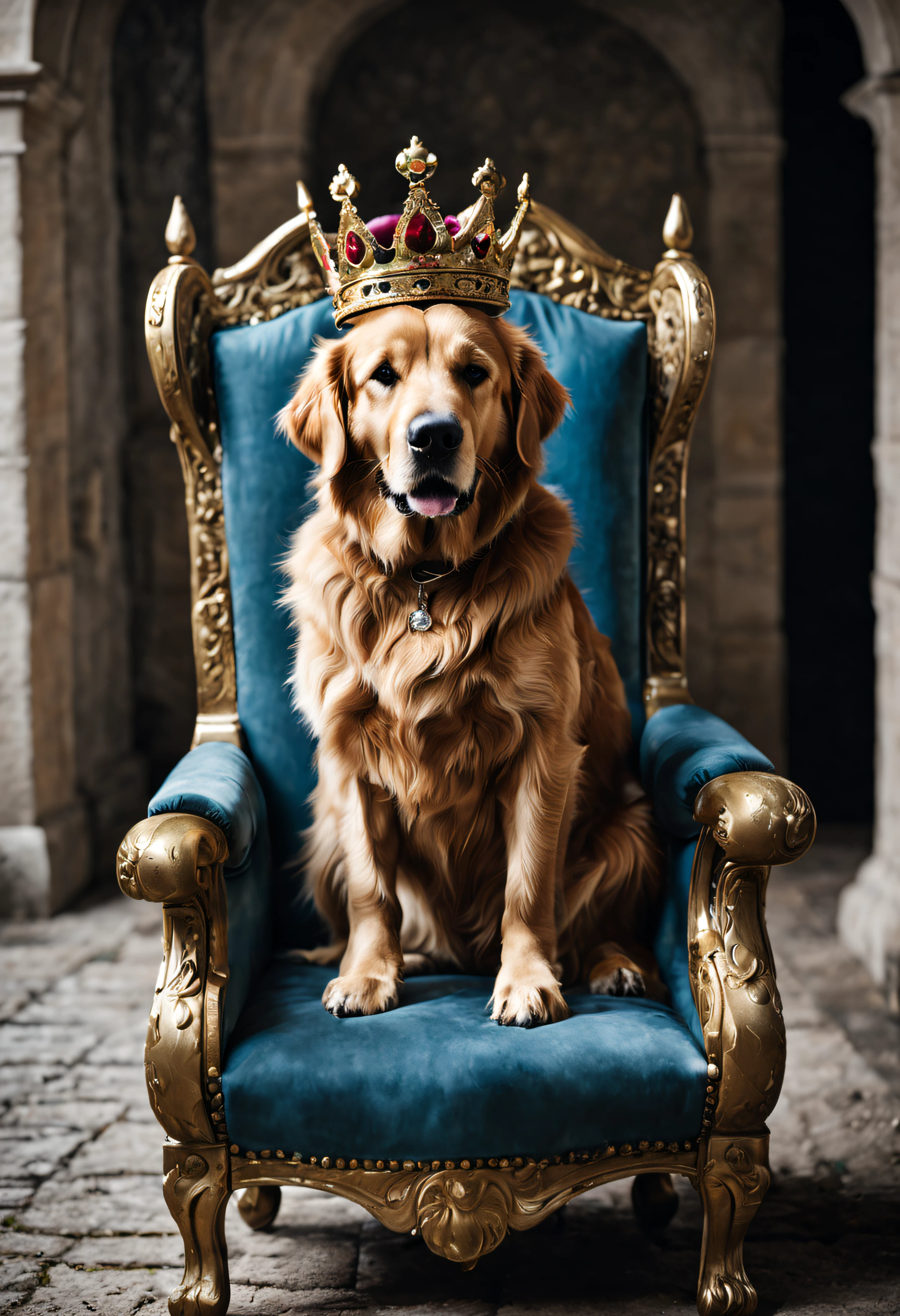 golden retreiver, déguisé in roi, avec une couronne, on her throne, dans un chateau