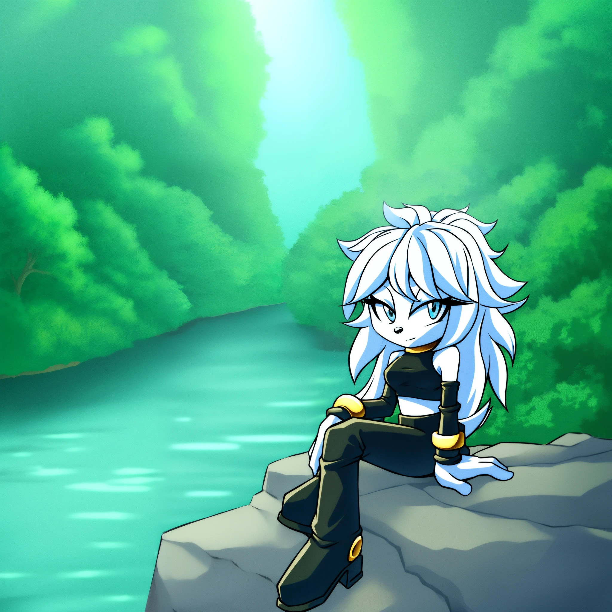 ((1girl)), ((solo)), female, mobian, Hedgehog, pink fur, furry, sitting crossed leg, sitting on a large rock, (Her attire is a black cropped low cut tube top, black arm sleeves with gold bracelets at the ends, black heeled boots, and white baggy pants)), ((long white hair)), ((long hair)), ((Android 21 styled hair)), light blue eyes, hair bangs, looking at viewer, (background forest, river, best lighting), (best quality)