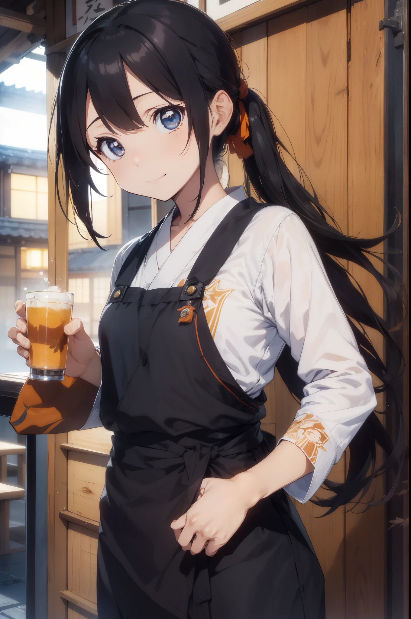 Takiinoue, Inoue Takina, Bob Hair, Bangs, Long sideburns, Black hair, (Brown eyes:1.2),
Breaking Japan's clothes, Kimono, Apron, Waist apron, Orange kimono, woman samurai,
Break indoors, cafes,A smile、Take a break to observe droopy-eyed viewers, (Cowboy Shot:1.5),
BREAK (masutepiece:1.2), Best Quality, High resolution, Unity 8k壁纸, (Illustration:0.8), (Beautiful detailed eyes:1.6), extra detailed face, Perfect Lighting, extremely details CG, (Perfect hands, Perfect Anatomy),