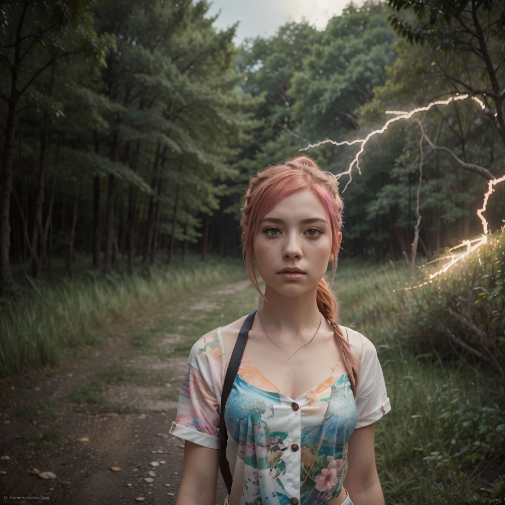 (masterpiece), anime, (Photograph_(Medium):1.0), by Antonio J. Manzanedo, by Jeremy Lipking, 1girls, lightning, In surreal terrain, watercolor painting style, brush stroke/Movement distance, unbuttoned, Orange eyes, Ponytail, pink hair, cyberpunked, Japanese clothes