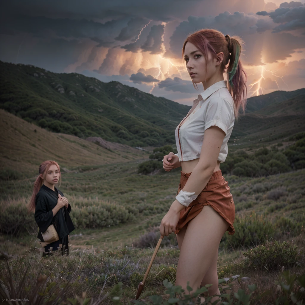 (masterpiece), anime, (Photograph_(Medium):1.0), by Antonio J. Manzanedo, by Jeremy Lipking, 1girls, lightning, In surreal terrain, watercolor painting style, brush stroke/Movement distance, unbuttoned, Orange eyes, Ponytail, pink hair, cyberpunked, Japanese clothes