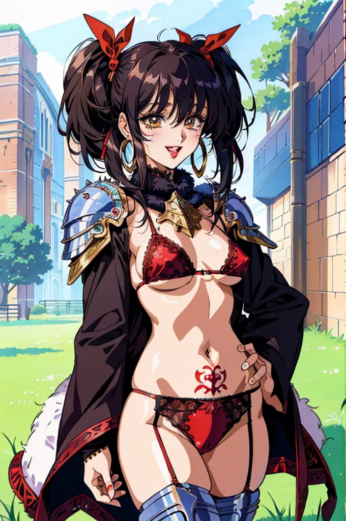 "(masterpiece:1.1), best quality,
1girl, (80s anime style:1.3), (eyelashes:1.5), (:1.2),
(intricate high detailed body:1.2),
black hair, (hair between eyes:1.1), (twintails:1.1), (hair ribbon:1.2),
brown eyes, (red lip stick:1.3),
(curvy body:1.1), (small breasts:1.1),
(happy, smile:1.2), blush,open mouth,
(lace bikini armor, tattoo:1.2), (garter belt:1.2),
(spiked knight armor, armored boots:1.2), (fur:1.1), (hoop earrings:1.1), sleeve,
standing, hand on hip,
(upper body, cowboy shot, looking at viewer, from front:1.1),
(daytime, grassland, outdoors:1.2)"