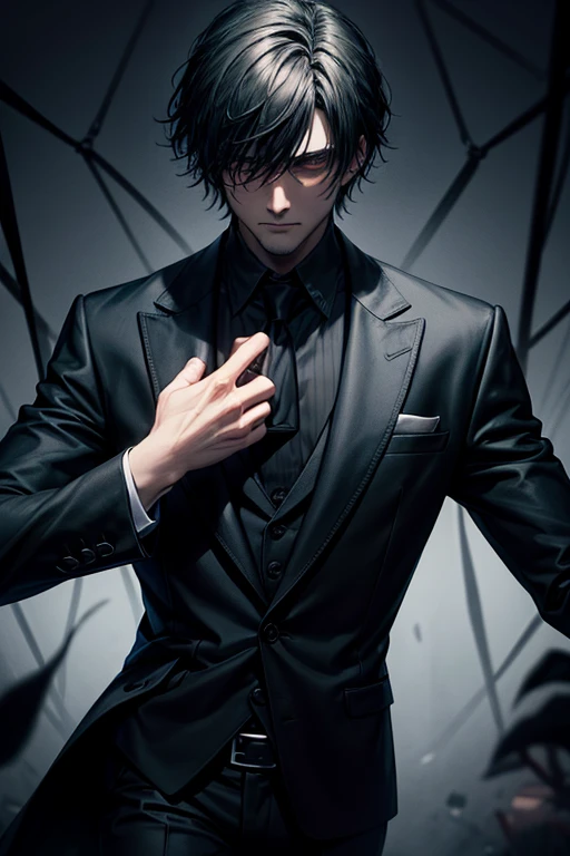 a man symbolizing Dysfunctional game theory, psychology, love, Maripulation, Dark, rod in black suits