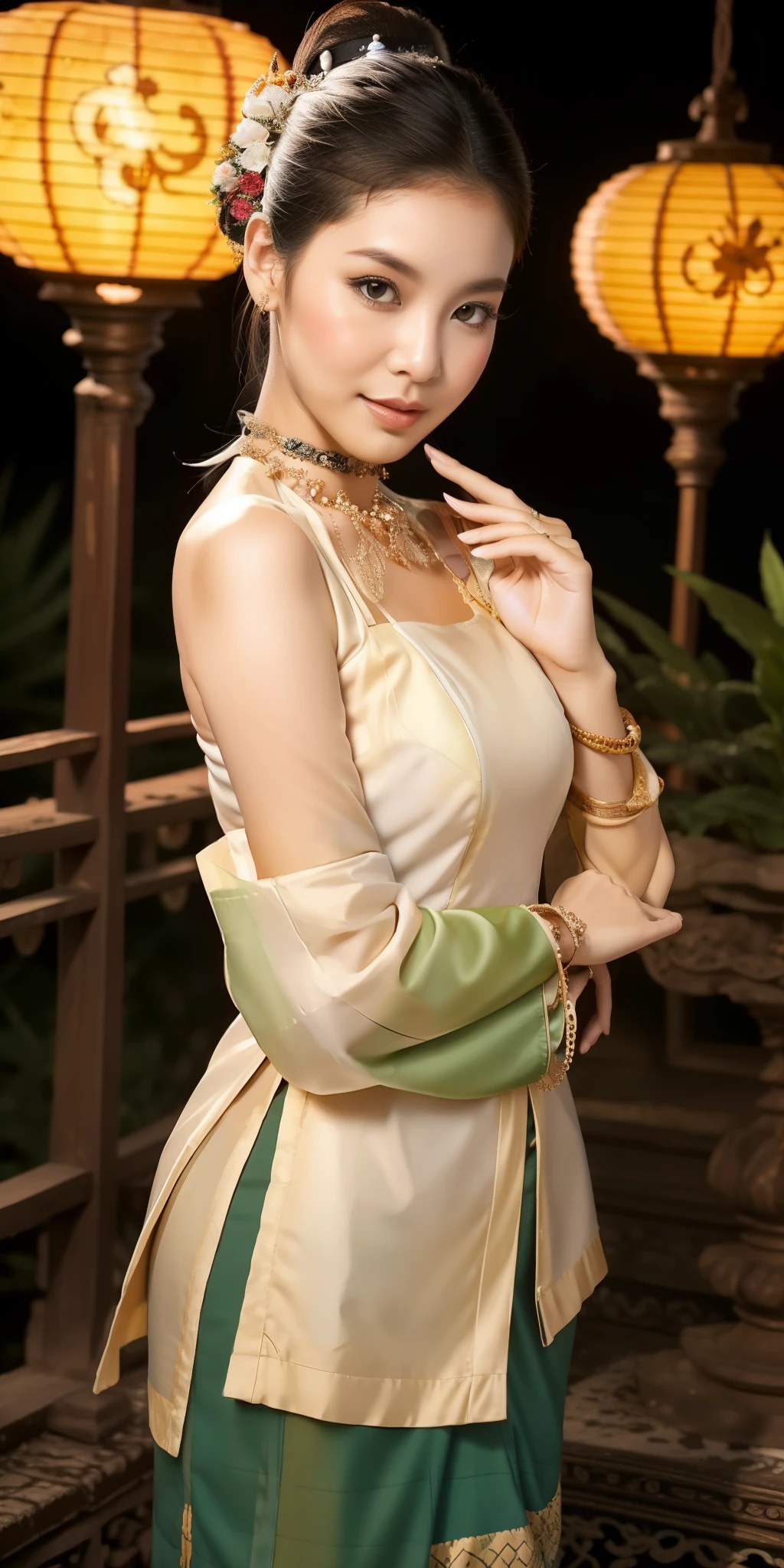 Green dress, sleeveless, Burmese clothes, batik, kebaya, bare shoulders, brown hair, green eyes, long high ponytail, hair tie, makeup, 1 woman, sleeve, 40yo, Sundanese mature female, beautiful finger, beautiful long legs, beautiful body, beautiful nose, beautiful character design, perfect eyes, perfect face, jewelry, hands on chest, see-through, looking at viewer, hair ornament,  choker, shy, 
(masterpiece, top quality, best quality, official art, beautiful and aesthetic: 1.2), (1woman), extremely detailed, colorful, more detailed,
(huge breasts:1.2,) upper body, bottom, cameltoe, floating dress,Walking along the road with many lanterns attached
bustling with neon signs, night, Burmese Art, Burmese culture