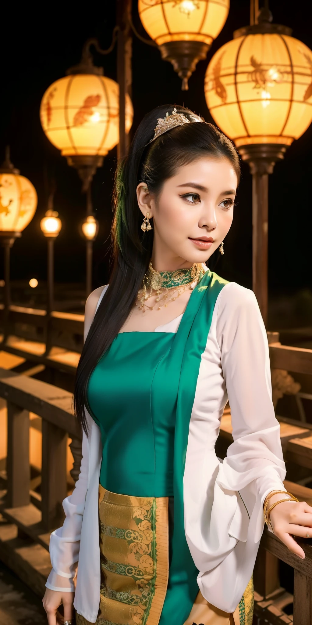 Green dress, sleeveless, Burmese clothes, batik, kebaya, bare shoulders, brown hair, green eyes, long high ponytail, hair tie, makeup, 1 woman, sleeve, 40yo, Sundanese mature female, beautiful finger, beautiful long legs, beautiful body, beautiful nose, beautiful character design, perfect eyes, perfect face, jewelry, hands on chest, see-through, looking at viewer, hair ornament,  choker, shy, 
(masterpiece, top quality, best quality, official art, beautiful and aesthetic: 1.2), (1woman), extremely detailed, colorful, more detailed,
(huge breasts:1.2,) upper body, bottom, cameltoe, floating dress,Walking along the road with many lanterns attached
bustling with neon signs, night, Burmese Art, Burmese culture