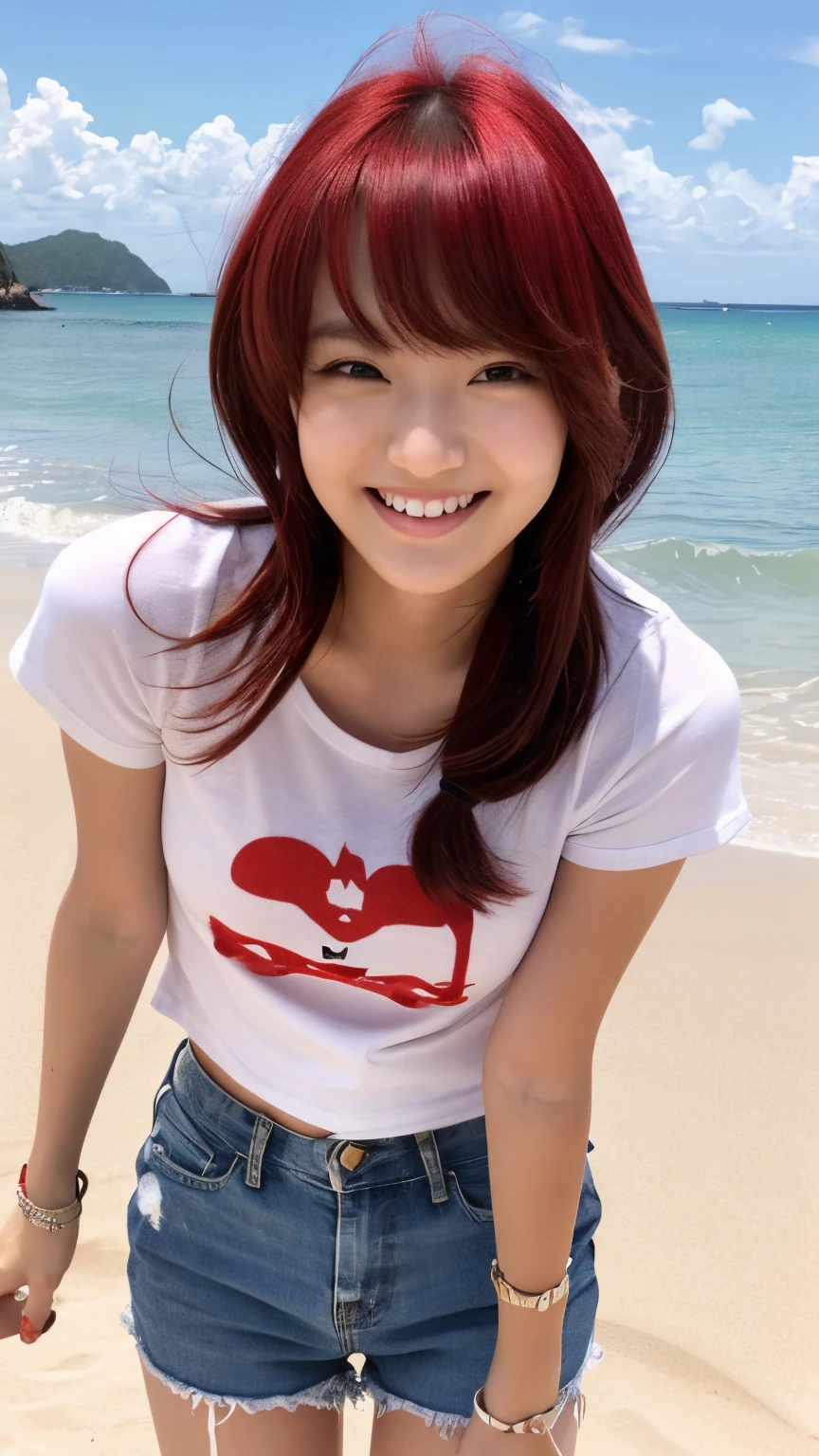 22year old、kawaii、well-styled、sand beach、Red Hot Pants、White T-shirt、a smile、