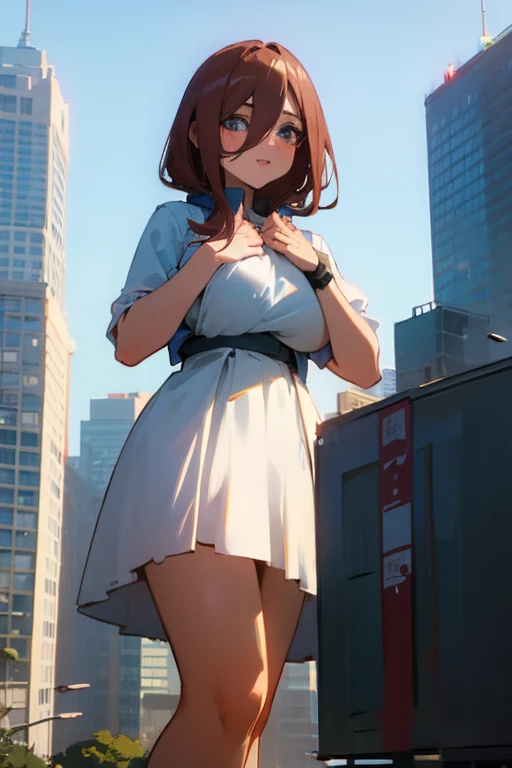 huge breast, giantess, white dress, city in the background
