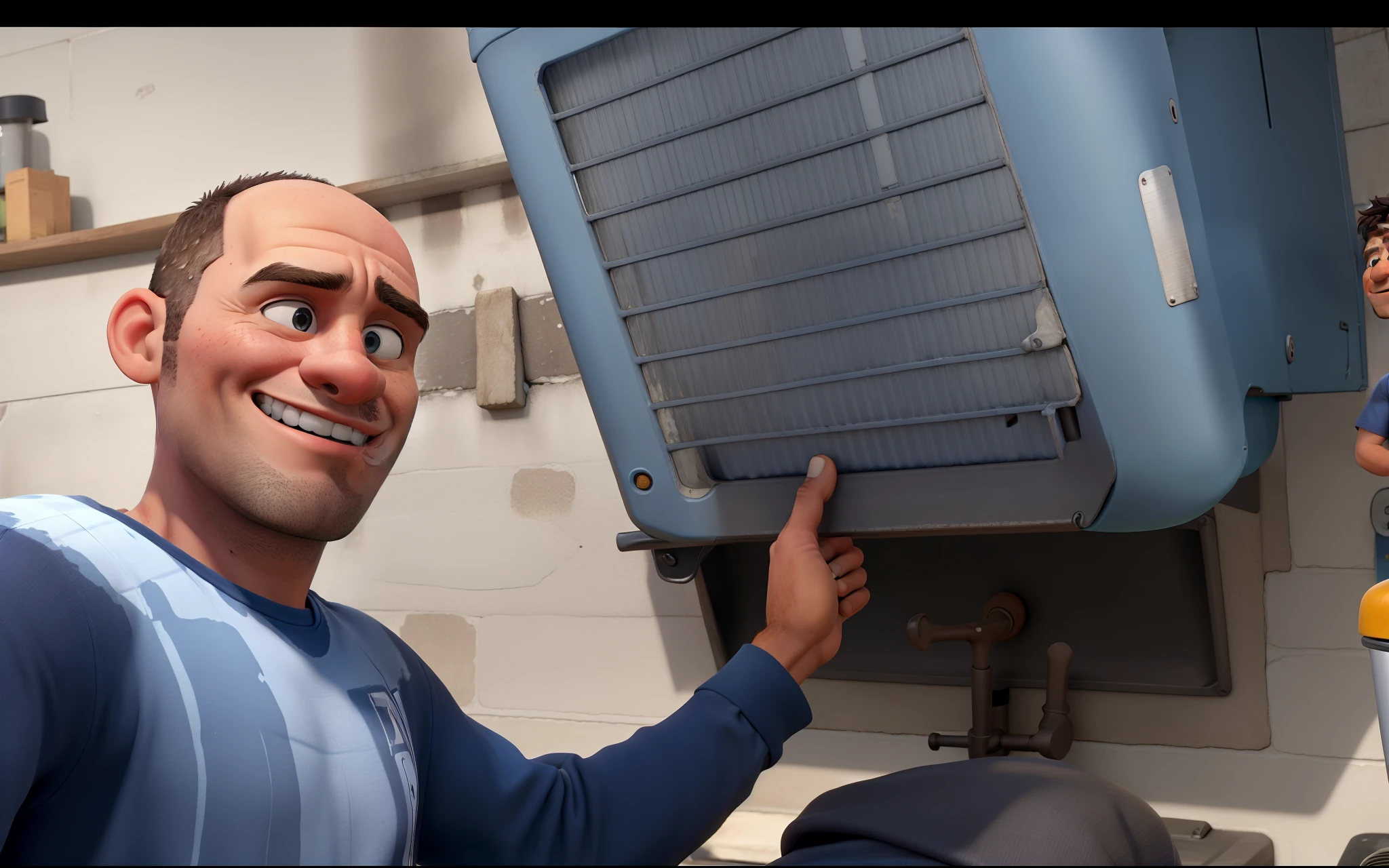 Obra-prima, de melhor qualidade, um homem careca, wearing a dark blue shirt and on top is wearing a t-shirt with Freeze written on it. Repairing a refrigerator motor