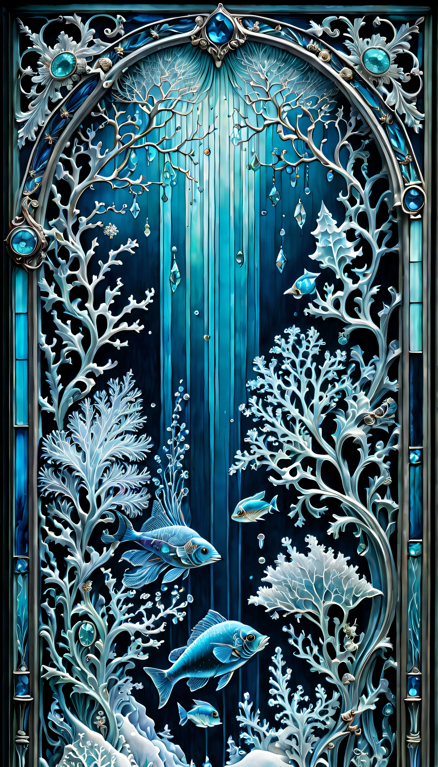 navy blue, light blue, turquoise colors, cinematic, transparent glass underwater life scene, ice hoarfrost, baroque, Craola, highly detailed stained glass, turquoise crystals, labradorite iridescent crystals, Andy Kehoe, John Blanche, complex highly detailed background, fantasy, filigree, filigree detailed, intricated