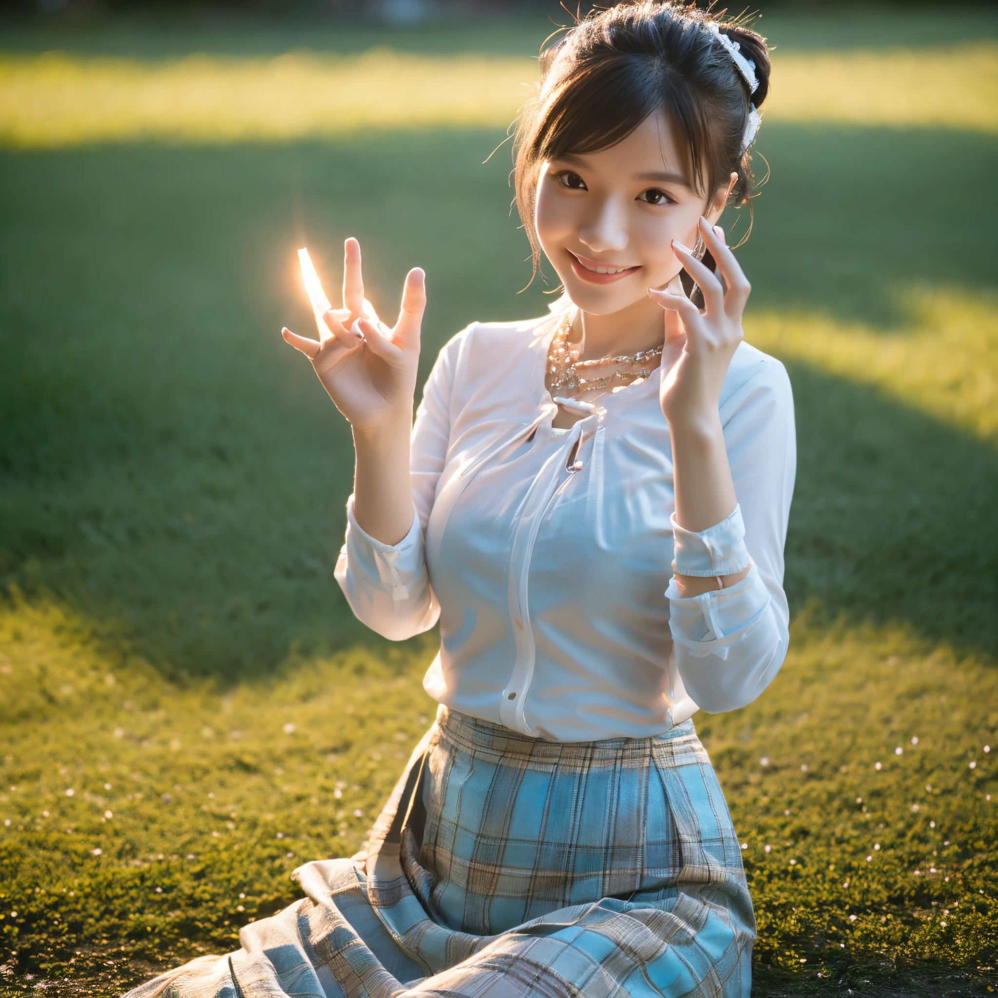 (8k, highest quality, masterpiece: 1.2), ultra detail, highest quality, ultra high resolution, professional lighting, photon mapping, radiosity, physically based rendering, cinematic lighting, depth of field, focusing, sun rays, good composition, (bokeh: 1.2), 1 girl, (full body), smile, beautiful eyes, pose, constriction, brown hair, short hair, prairie blouse light blue, skirt,park,hand {fingers} Kawaii {finger} hand,