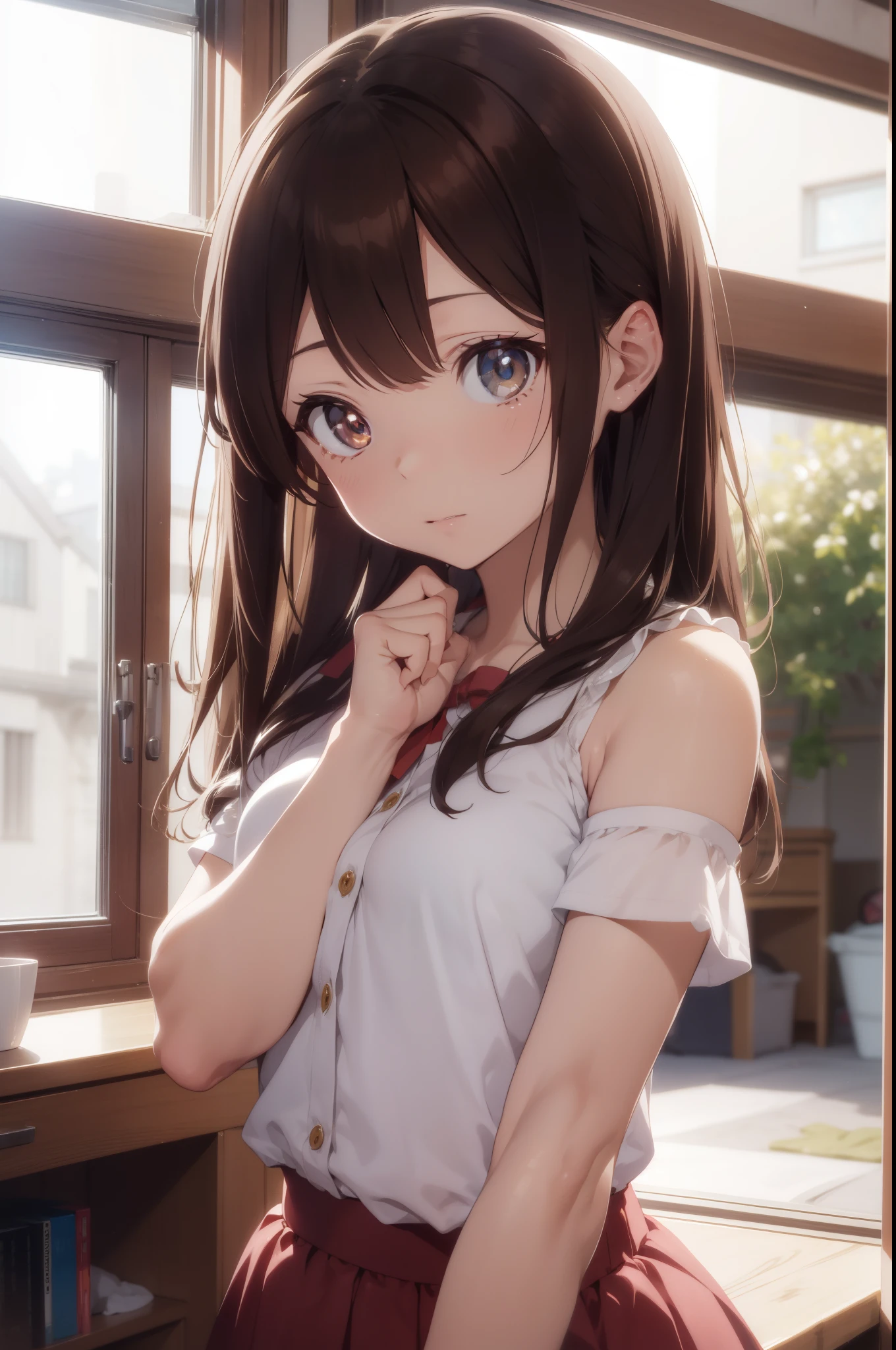 mizuharachizuru, mizuharachizuru, (Brown eyes:1.5), Brown hair, Long hair, (One side up:1.2),
BREAK bare shoulders, 鎖骨, PINK SHIRT, Puffy Short Sleeves, Puffy sleeves, Red bow, Shirt, Short sleeves, Skirt, White skirt,
Break indoors, crass room,
BREAK looking at viewer, 
BREAK (masutepiece:1.2), Best Quality, High resolution, Unity 8k壁纸, (Illustration:0.8), (Beautiful detailed eyes:1.6), extra detailed face, Perfect Lighting, extremely details CG, (Perfect hands, Perfect Anatomy),