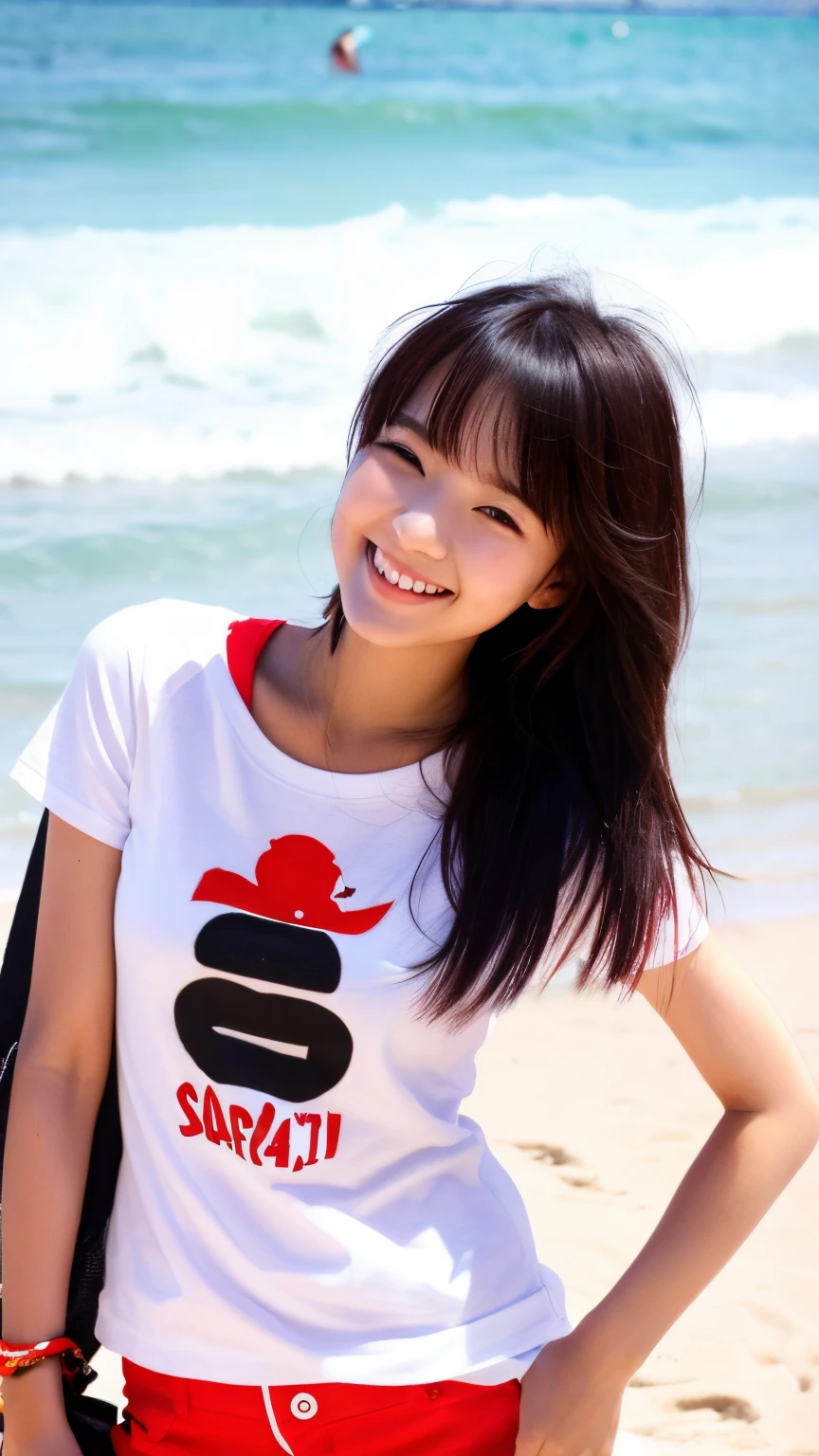 22year old、kawaii、well-styled、sand beach、Red Hot Pants、White T-shirt、a smile、
