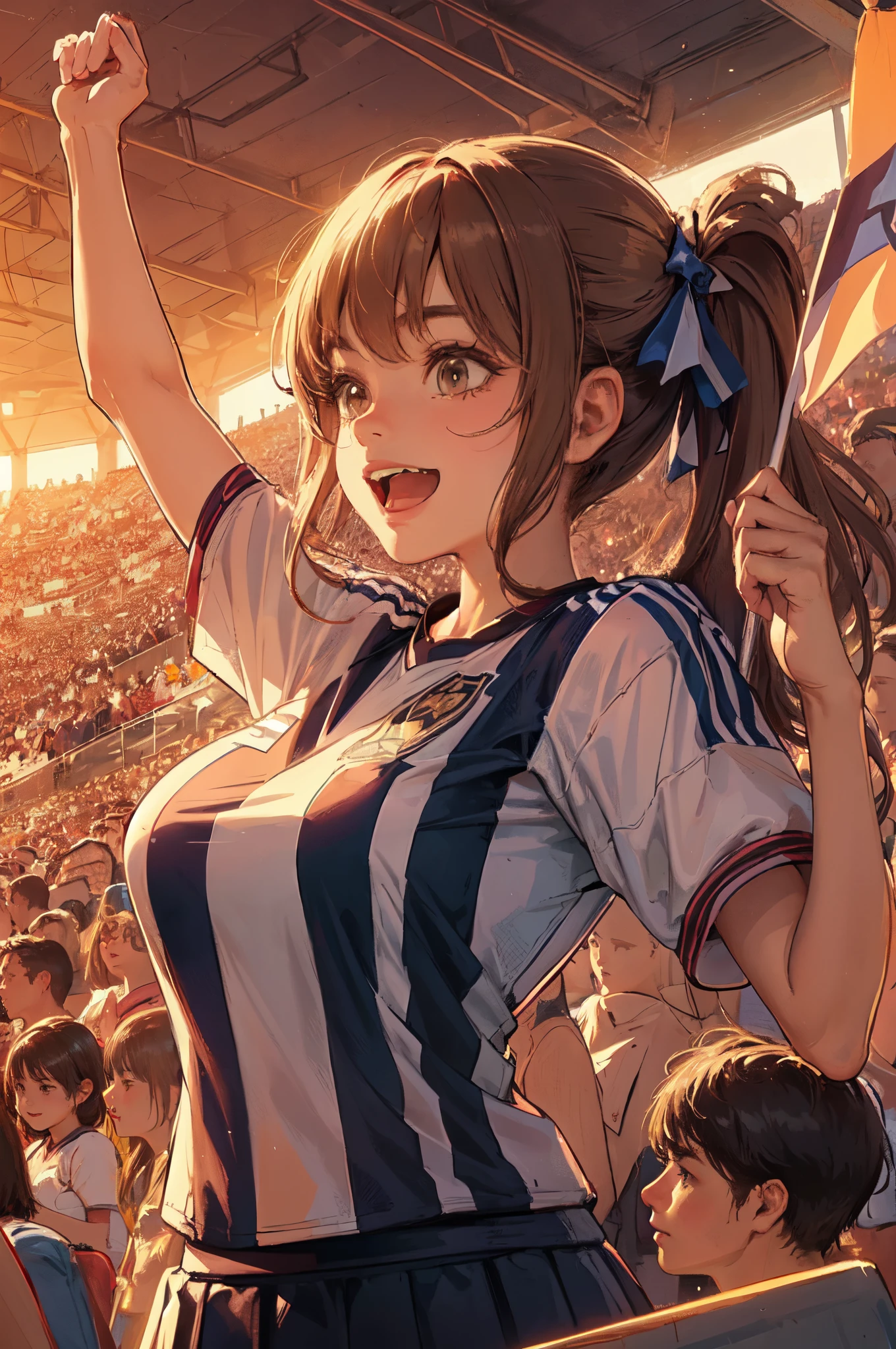 1lady solo, watching football game, facing away, (holding mini flag), mature female, /(football shirt pleated skirt/), /(light brown hair/) bangs, happy expression, (masterpiece best quality:1.2) ultra-detailed, large breasts BREAK /(football stadium indoors/), audience