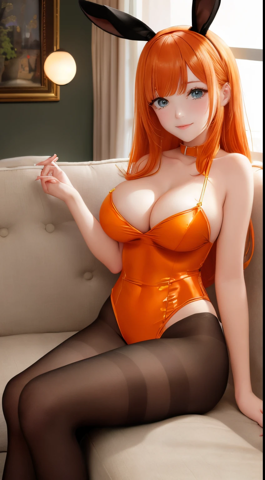 masterpiece, best quality, finely detailed, 1girl, (orange hair), (bishoujo), cute, (light green eyes), (eyelashes), (average breast size ), (cleavage), bunny costume, black pantyhose nylon 60 den. sitting on a sofa, lamp, window, night, delicate interior design, fox ear, Fox's tail,