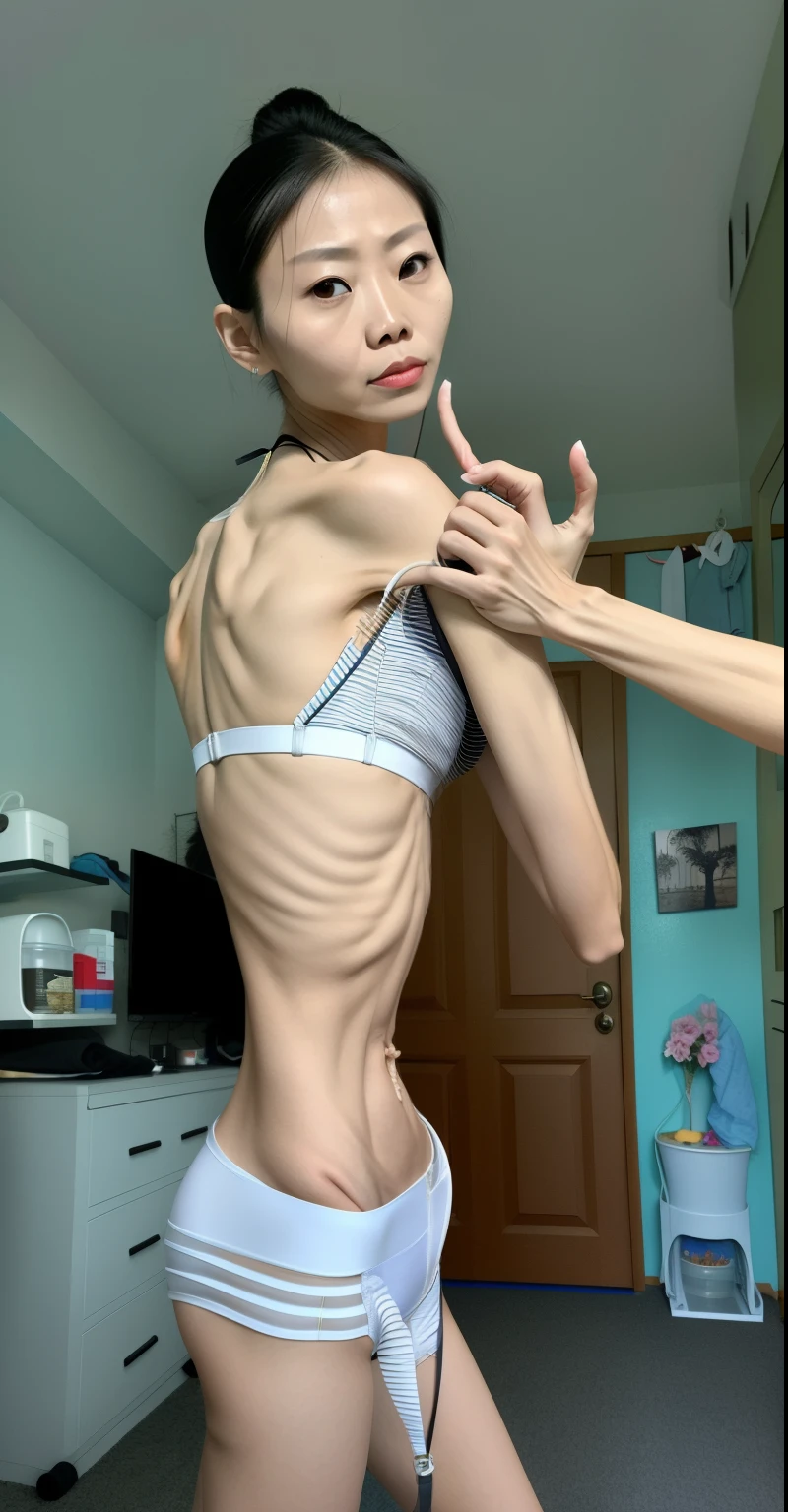 very thin woman，A thin body，Protruding sternum，The waist is very thin，The ribs are noticeable，Protruding ribs，The pelvic protrusion is very obvious，The pelvis is markedly elevated，Legs are just skin and bones，Fair skin，thin shoulde，The waist is very thin，Sunken abdomen，Delicate arms，arm muscle atrophy，hunger，sunken lower abdomen，Short hair details，Wear tight leather pants，Asia face，The waist is particularly thin，angry look，weeping，Excessive weight loss，The face is sunken and thin，Severe malnutrition，hunger