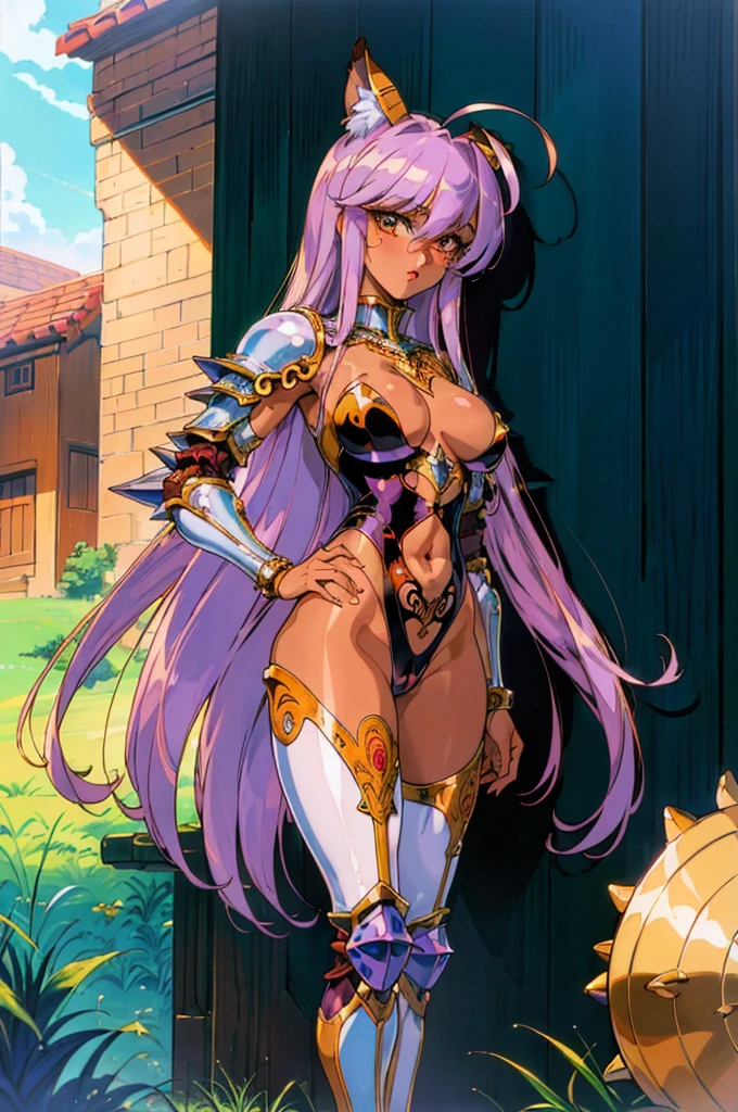 "(masterpiece:1.1), best quality,
1girl, (80s anime style:1.3), (eyelashes:1.5), (:1.2),
(intricate high detailed body:1.2),
purple hair, (hair between eyes:1.1), (long hair, straight hair:1.1), (animal ears:1.2),
brown eyes, (red lip stick:1.3),
(dark skin:1.5), (huge breasts:1.1),
(expressionless:1.2),
(silver embroidery leotard armor, navel cutout, tattoo:1.2),
(spiked knight armor, armored boots:1.2), (frill:1.1), (ahoge:1.2), collar,
standing, hand on hip,
(upper body, cowboy shot, looking at viewer, from front:1.1),
(daytime, grassland, outdoors:1.2)"