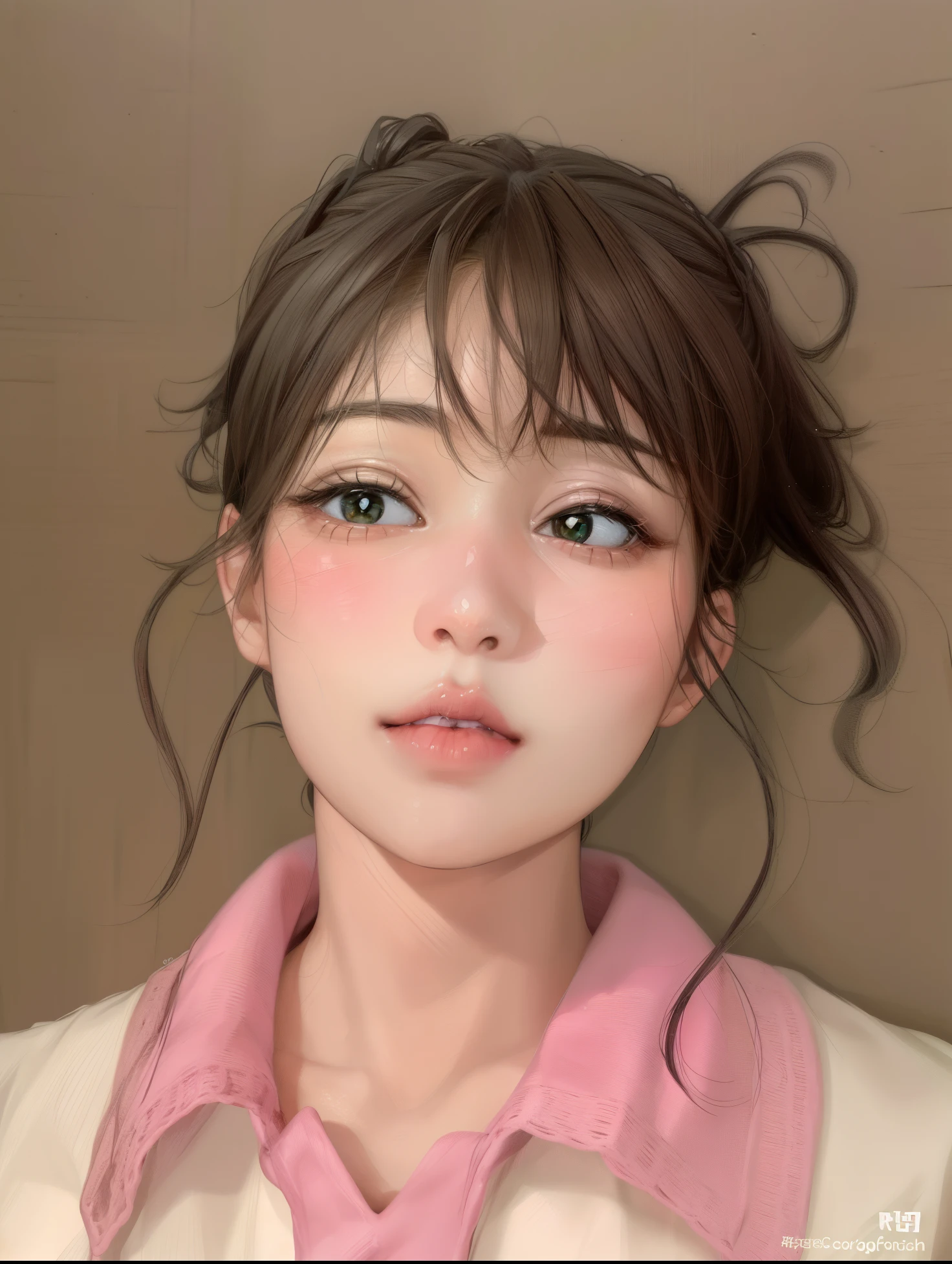 there is a young girl in a pink shirt and a pink sweater, young adorable korean face, bonito rosto de anime natural, franja fofa, kawaii retrato realista, maquiagem sul-coreana popular, wan adorable korean face, rosto redondo macio, maquiagem coreana popular, korean face features, menina kawaii bonito, rosto bonito claro, menina bonito-fino-cara, Ulzzang, cara redonda bonito