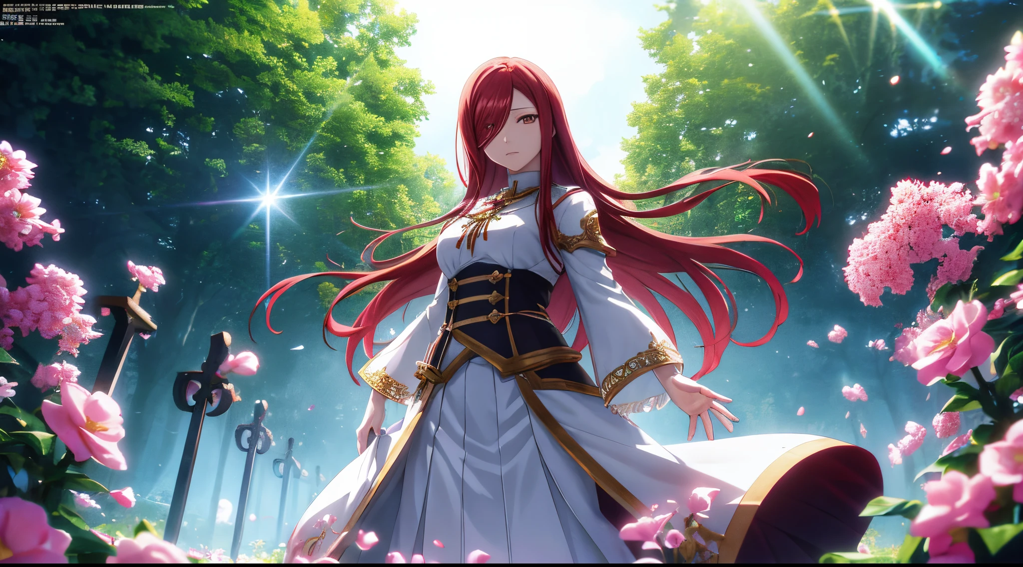 erza, 1girl, solo, long_hair, medium breasts,brown_eyes,red_hair,hair over one eye, standing, looking at viewer, white saint cloth, praying beads on neck, long skirt, flowers field athens temple, anime style,deep depth of field,wide angle view,Lumen Reflections,Screen Space Reflections,Diffraction Grading,Chromatic Aberration,GB Displacement,Scan Lines,Ray Traced,Anti-Aliasing,FXAA,TXAA,RTX,SSAO,Shaders,OpenGL-Shaders,GLSL-Shaders,Post Processing,Post-Production,cell Shading,Tone Mapping,CGI,VFX,SFX,insanely detailed and intricate, 4K