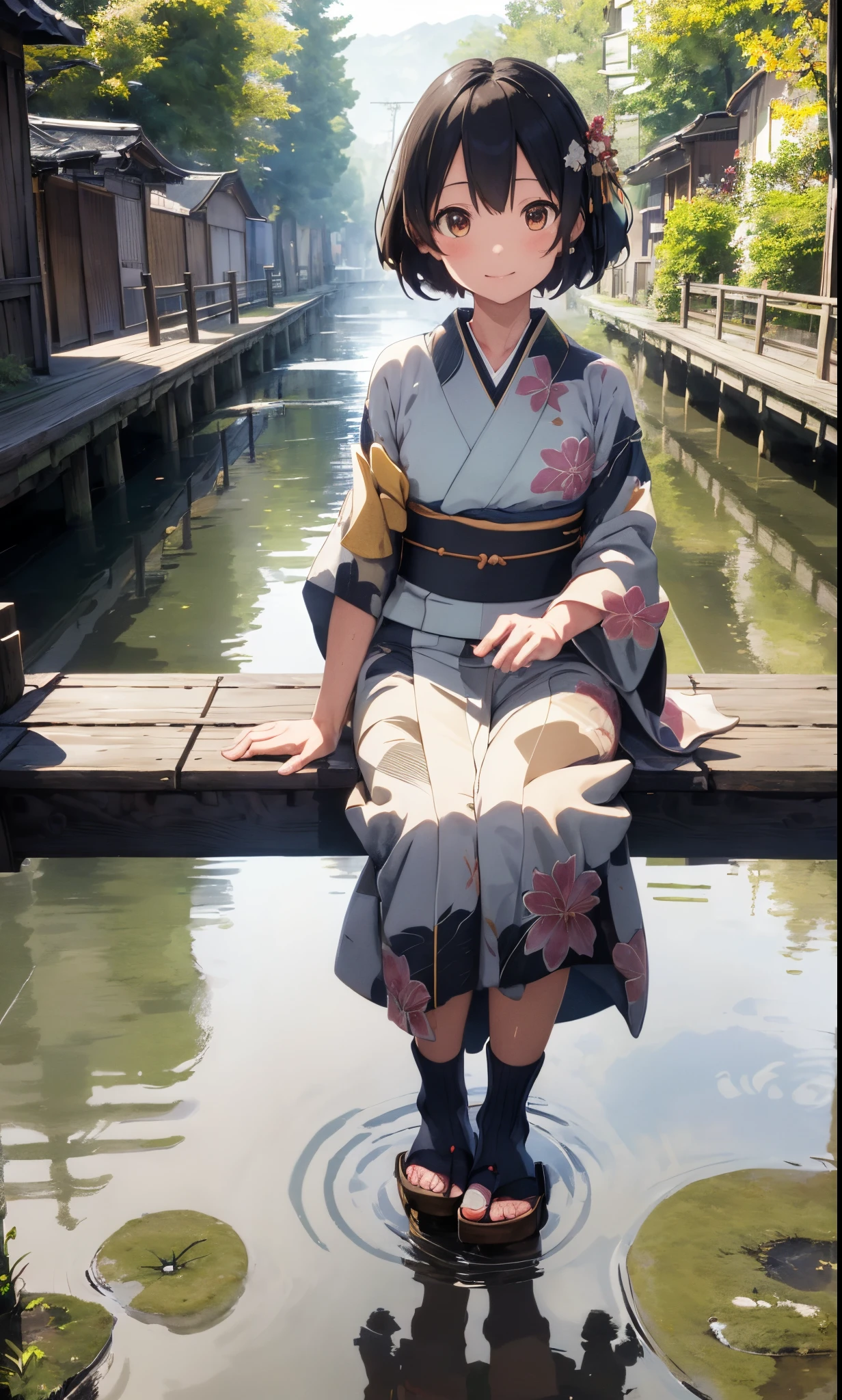 extremely detailed CG unity 8k wallpaper, realistic, hand by Guido Daniele
wearing kimono_clothes, sitting on the wooden bridge, sakuramon, print kimono, stone brick road, wet road, clogs, two toe socks, ray chase,reflection, small bag, long kimono on shoulders, laurels, top view