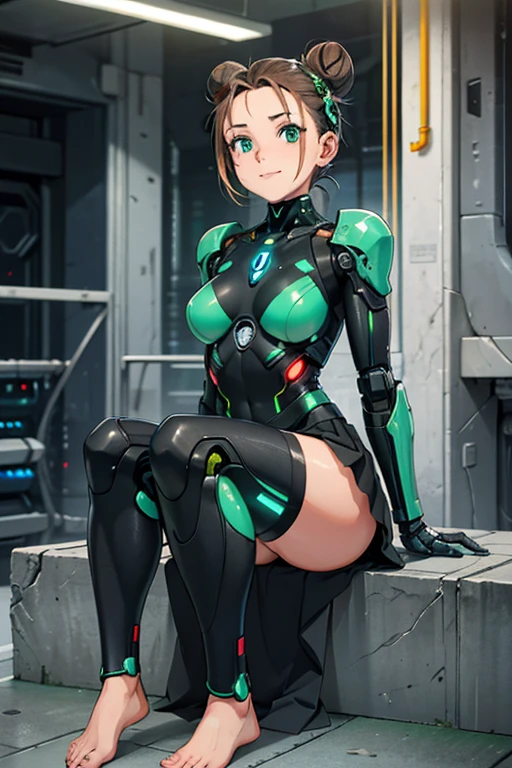 A beautiful, young, barefoot cyborg woman, wearing cybernetic technological black and green body armor with a skirt, prosthetic arms and legs , with short hair in a bun, in a futuristic room, sitting on the ground, happy facial expression.