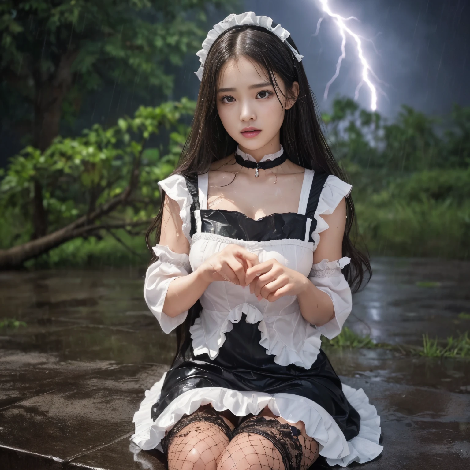 ((Best Quality, masutepiece, 超A high resolution、The most complex and detailed depictions)),Gorgeous Victorian Maid Dresses, Huge Maid Dresses,Black and white maid dresses,Maid dresses with ruffles,Gorgeous Maid Dresses,Maid outfit with big apron,Big Dressmaid Costume,Luxury Maid Clothing,Extravagant long skirt, Gorgeous Victorian Maid Costume,Gorgeous Maid Dresses,Alone in the city、face that seems to cry、terrified expression、((One giant lightning bolt))、((Very heavy rain))、((Ōlan))、bao phan、strong wind blowing、Sit with your feet on the ground、Fallen trees and debris in the background、wet maid dress、((Heavy rain))、The dress is wet and clings to the skin、perfect texture of wet dress、The perfect texture for wet hair、((An unimaginably drenched body))、((Drenched hair))、((Wet hair sticks to the face))、((Perfectly reproduces the nature of wet hair))、Hair that gets wet and sticks to the face、((Unimaginably wet hair))、((disheveled hairstyle))、((wet and disheveled hair))、((Maid dress soaked all over))、The skin is faintly visible from the top of the clothes、Wet and see-through skin、, ((Perfect texture down to the smallest detail of wet clothes))、Countless water droplets adhere to the body、((A large amount of water runs down the face and hair))、Perfect water drop texture、Pink underwear that shows through nature、Wet and gooey hair、((Perfectly expresses the texture of drenched hair))、Wet and shiny hair、wearing a wet dress、Lightning flashes、((it is raining heavily))、Lightning、((Very complex and big lightning))、Lightning glow、Big thunder、a dark night、feeling of despair、heavy wind、Giant Thunder、Sit up straight on the ground、Sit on the ground、Precise legs、perfect anatomia、Looking at the camera、She looks up at me、Sad face、Face of fear、Looks cold、The Extreme Look of Fear、Lightning flashes、((drenching))、Ōlan